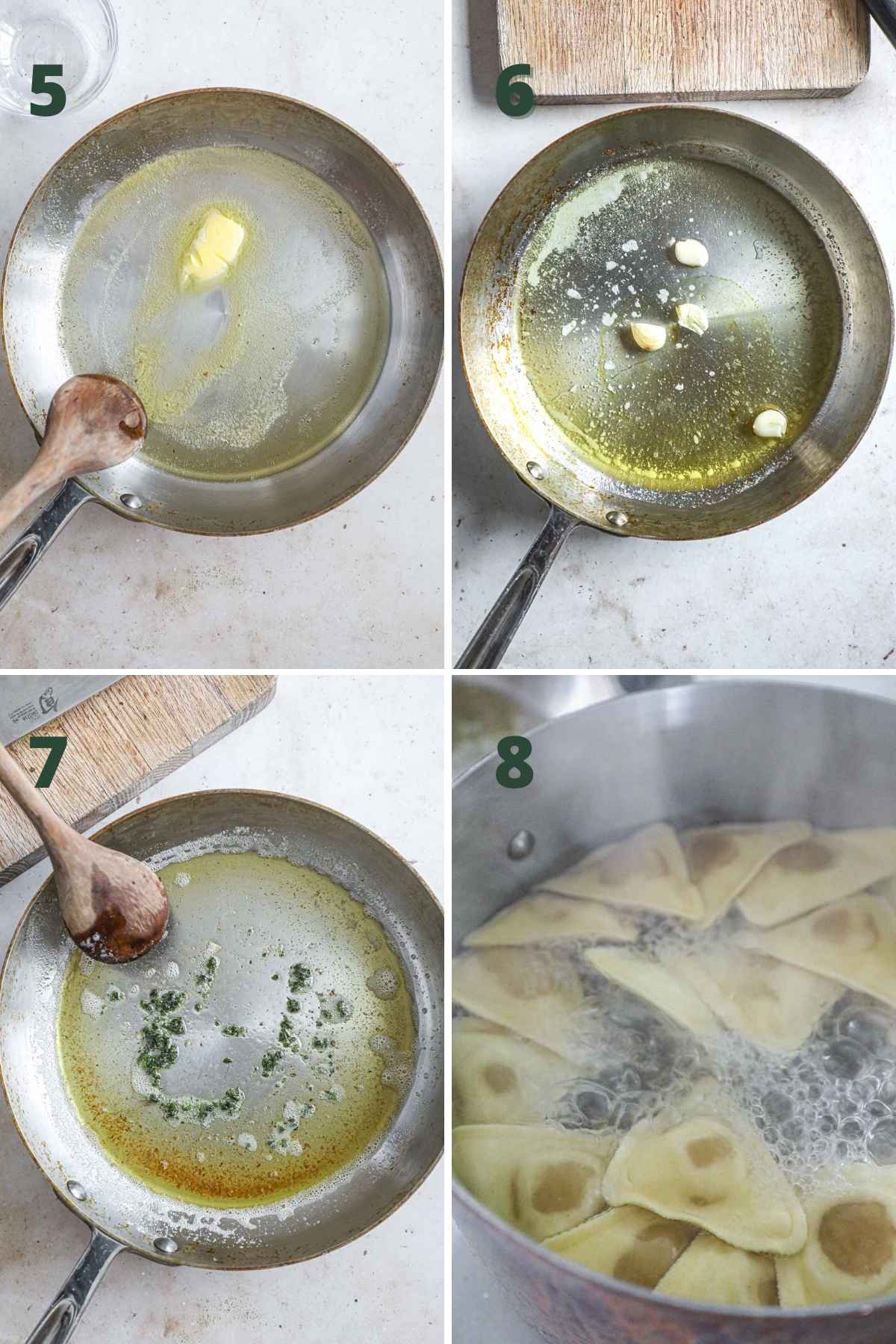 Steps to make browned butter sage sauce for ravioli, including browning the butter with olive oil, cooking the garlic, mixing in the fried chopped sage leaves, and boiling the ravioli.