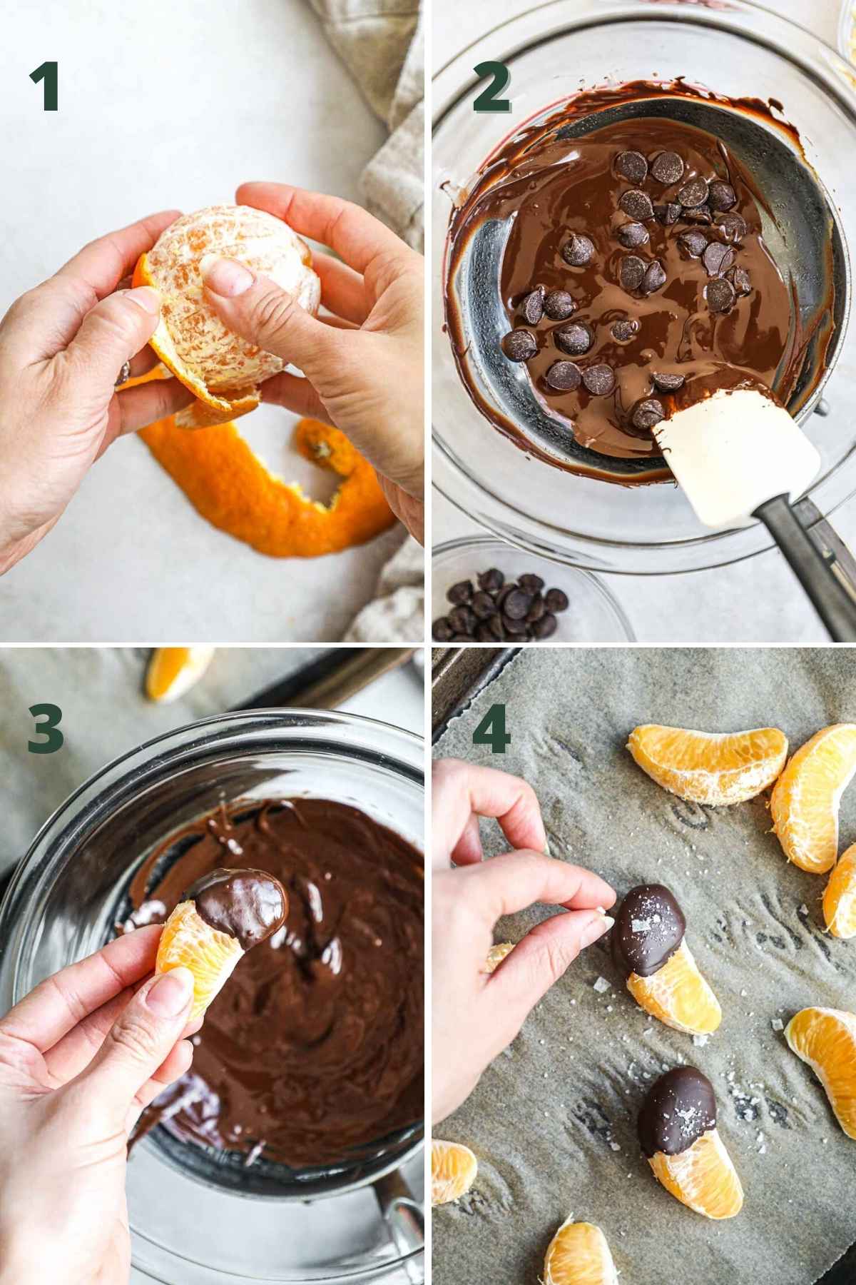 Steps to make chocolate-covered oranges, including breaking the oranges into segments, melting the chocolate, dipping the slices in chocolate, and adding flaky sea salt.