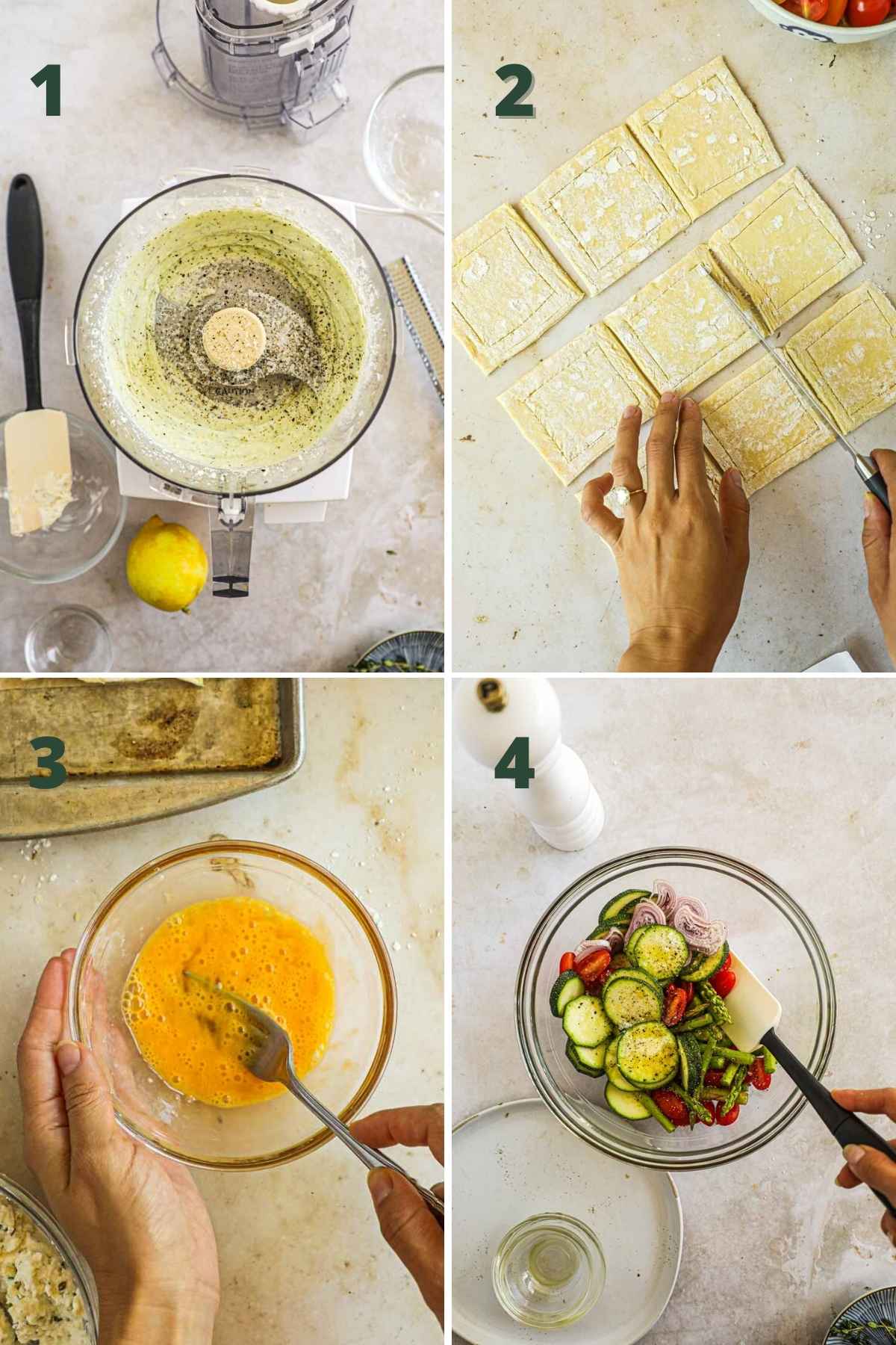 Steps to make puff pastry vegetable tarts, including whipping the goat cheese and herbs in a food processor, cutting the puff pastry, making the egg wash, and mixing the seasoned vegetables.