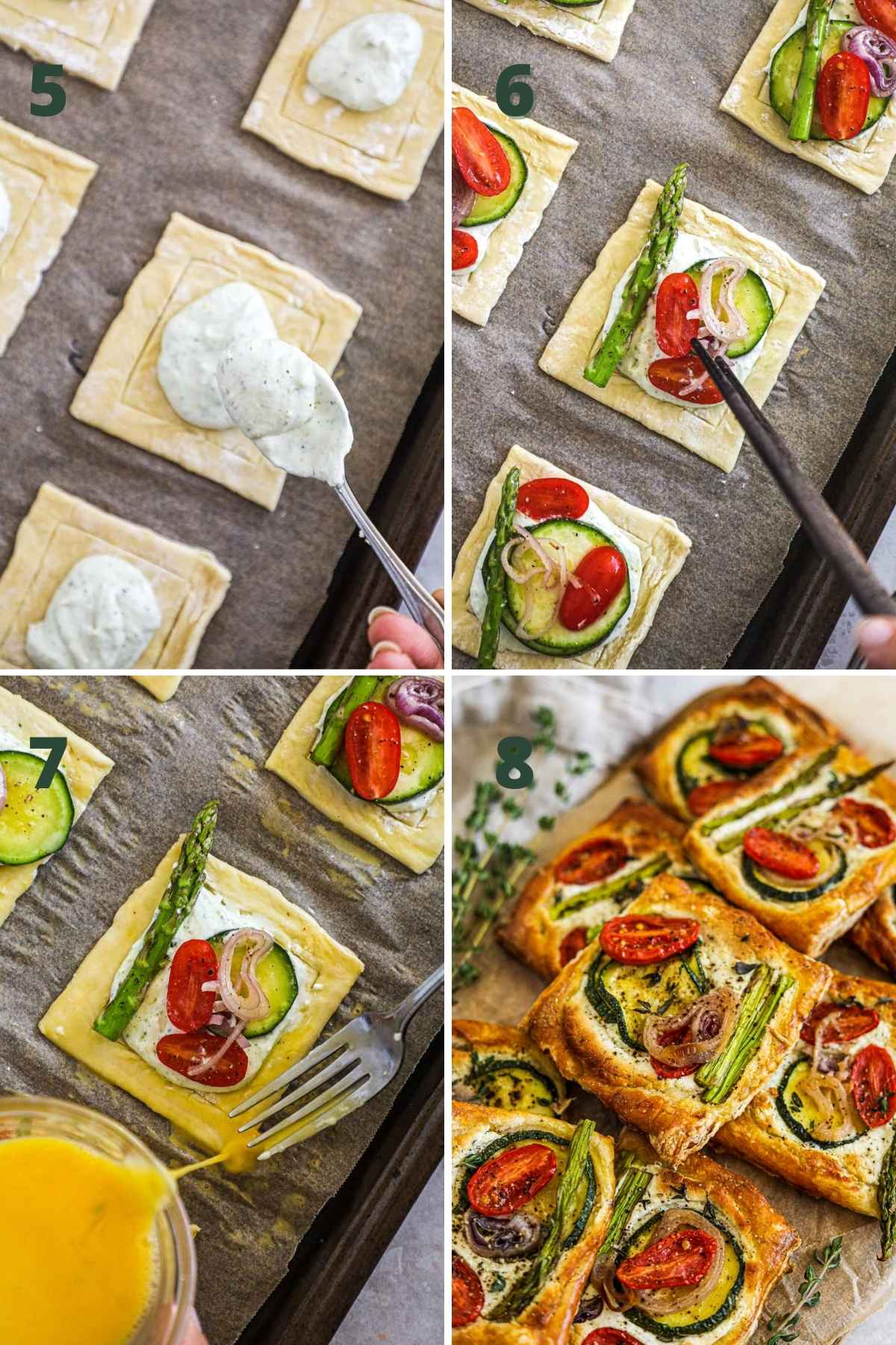 Steps to make puff pastry vegetable tarts, including adding the goat cheese to each tart, topping with vegetables, applying the egg wash, and baking.