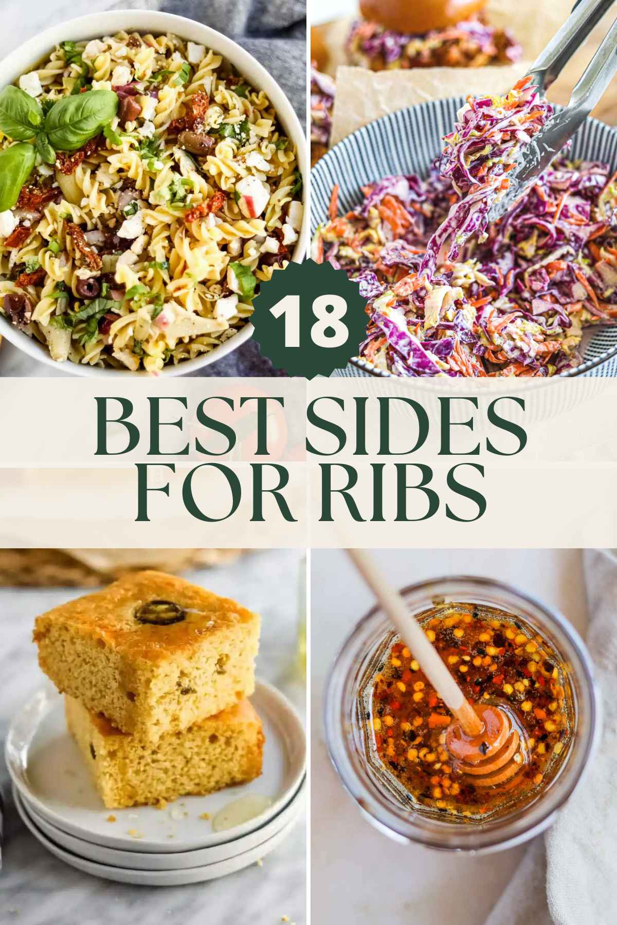 Best side dishes for ribs, including pasta salad, coleslaw, cornbread, hot honey, and more.