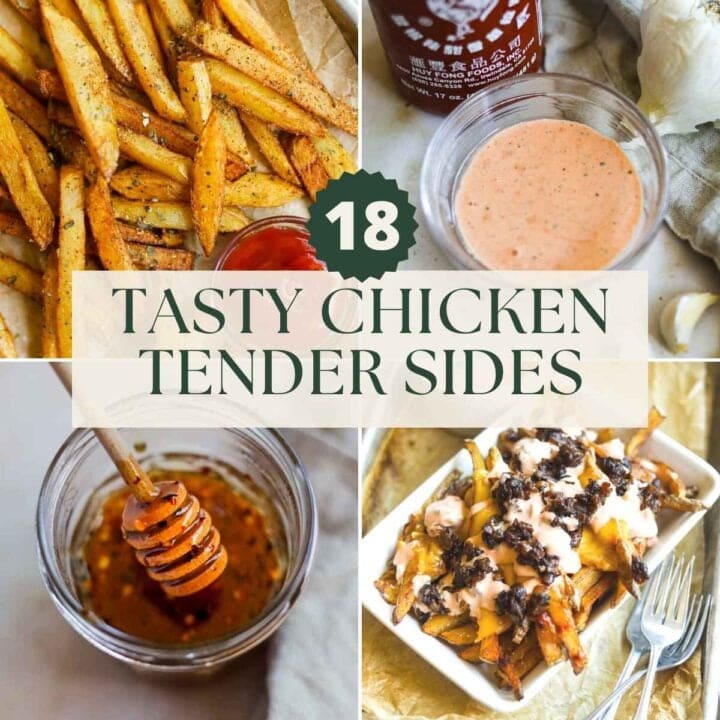 18 tasty chicken tender sides, including seasoned fries, spicy sriracha aioli, animal-style fries, and spicy hot honey.