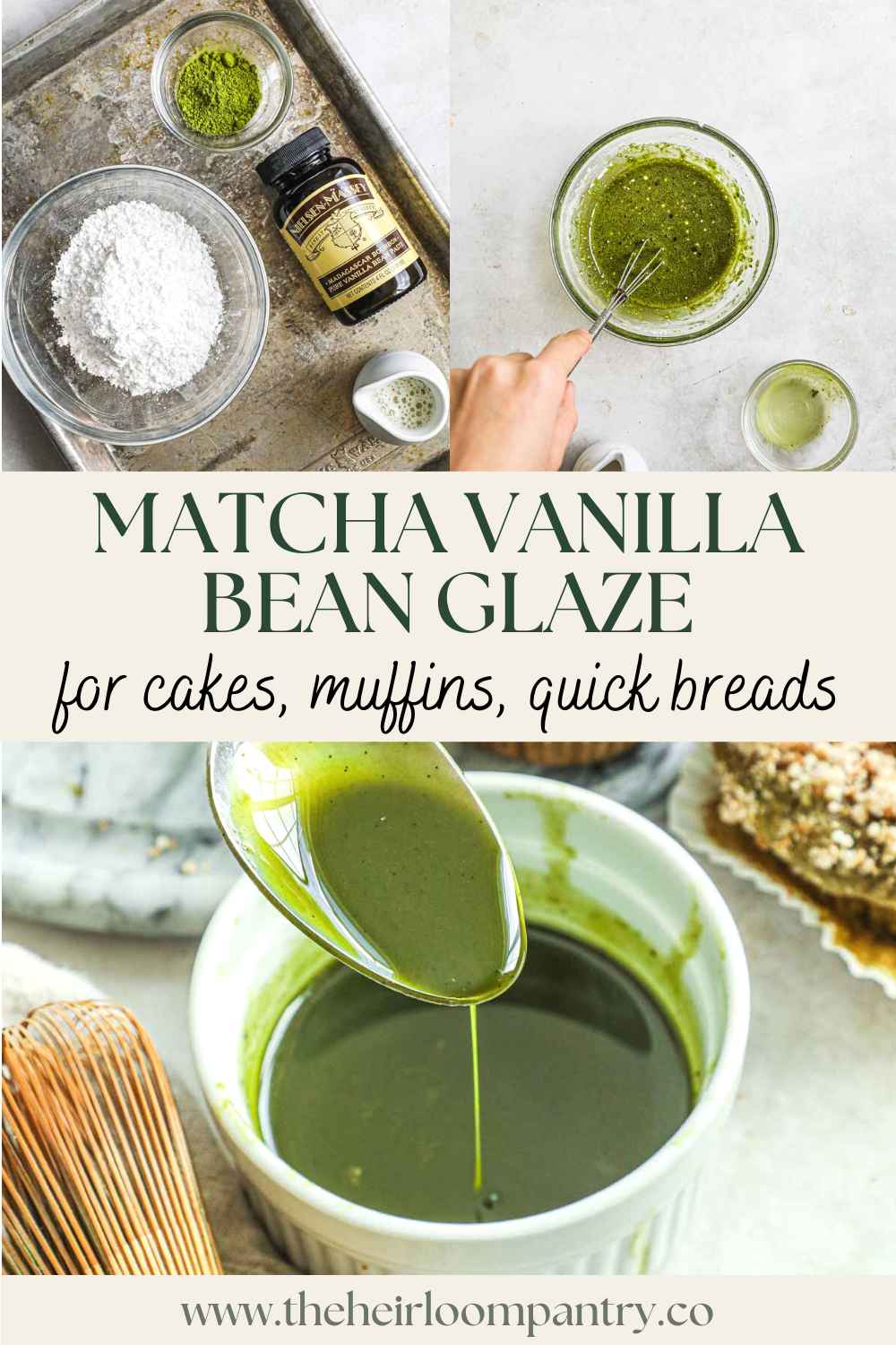 Matcha vanilla bean glaze for cakes, muffins, scones, quick breads, and more Pinterest pin.