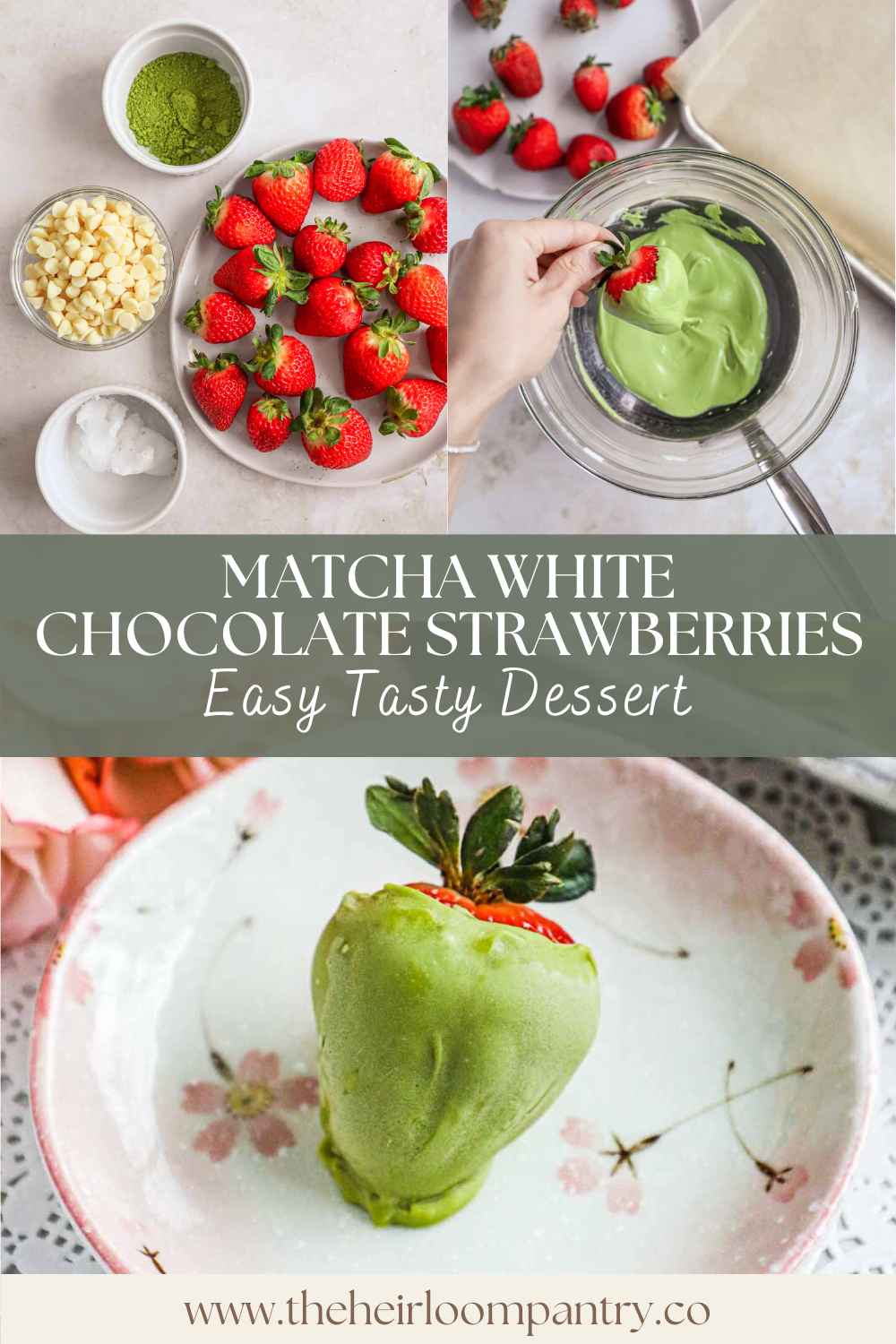 Matcha white chocolate dipped strawberries Pinterest pin.