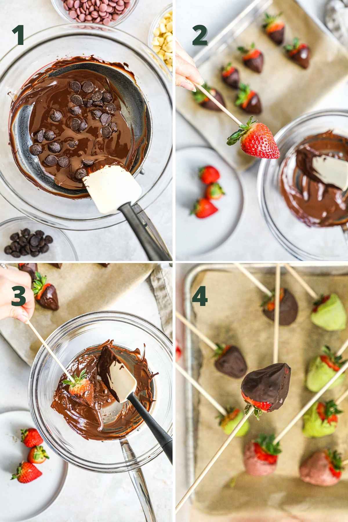 Steps to make chocolate-covered strawberry bouquet, including melting the chocolate, placing the berries on skewers, dipping in chocolate, and setting the chocoalte.
