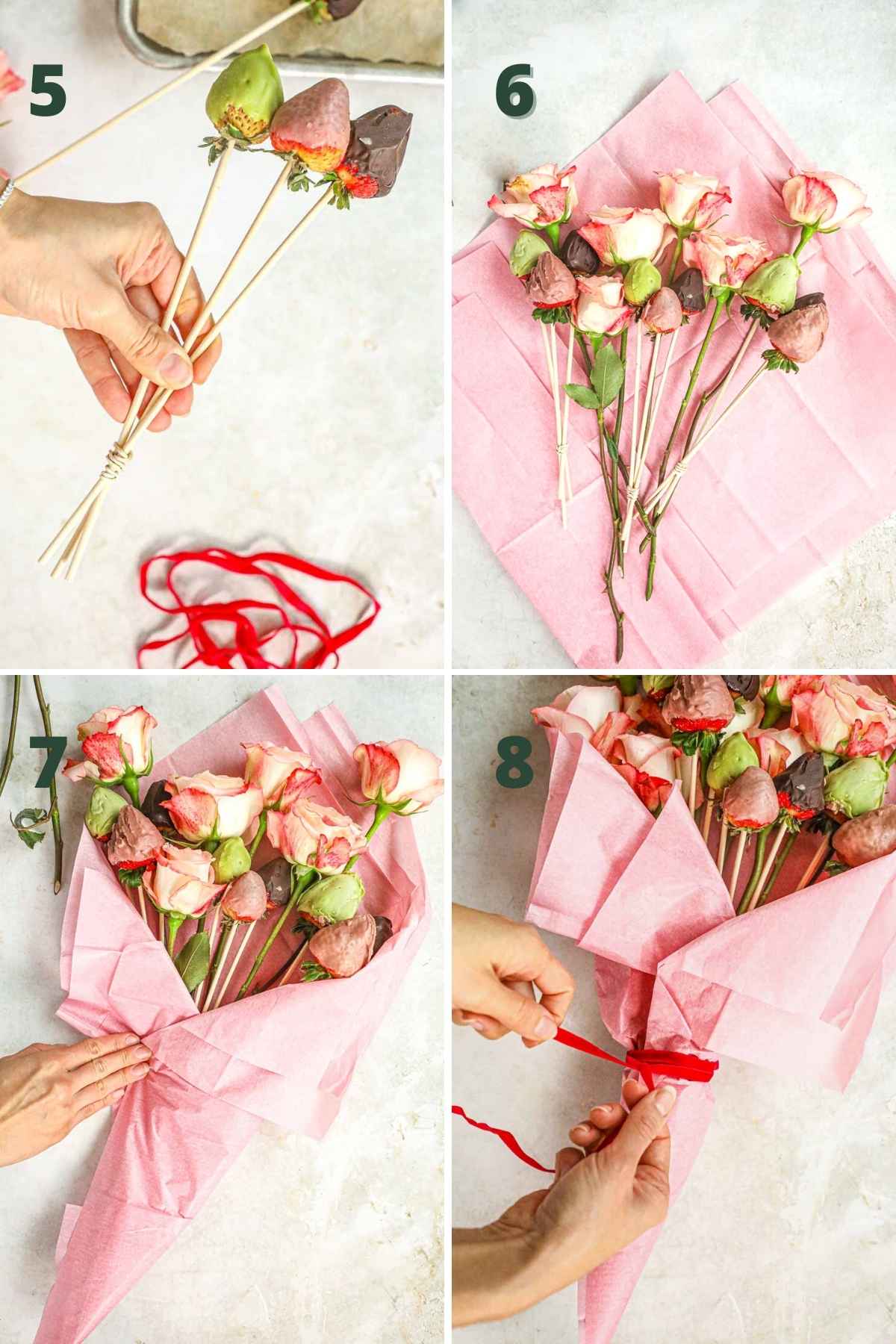Steps to make chocolate-covered strawberry bouquet, including tying the bamboo skewers into groups with rubber bands, placing the berry skewers and roses on tissue paper, wrapping the skewers and flowers, and tying the bouquet with ribbon.