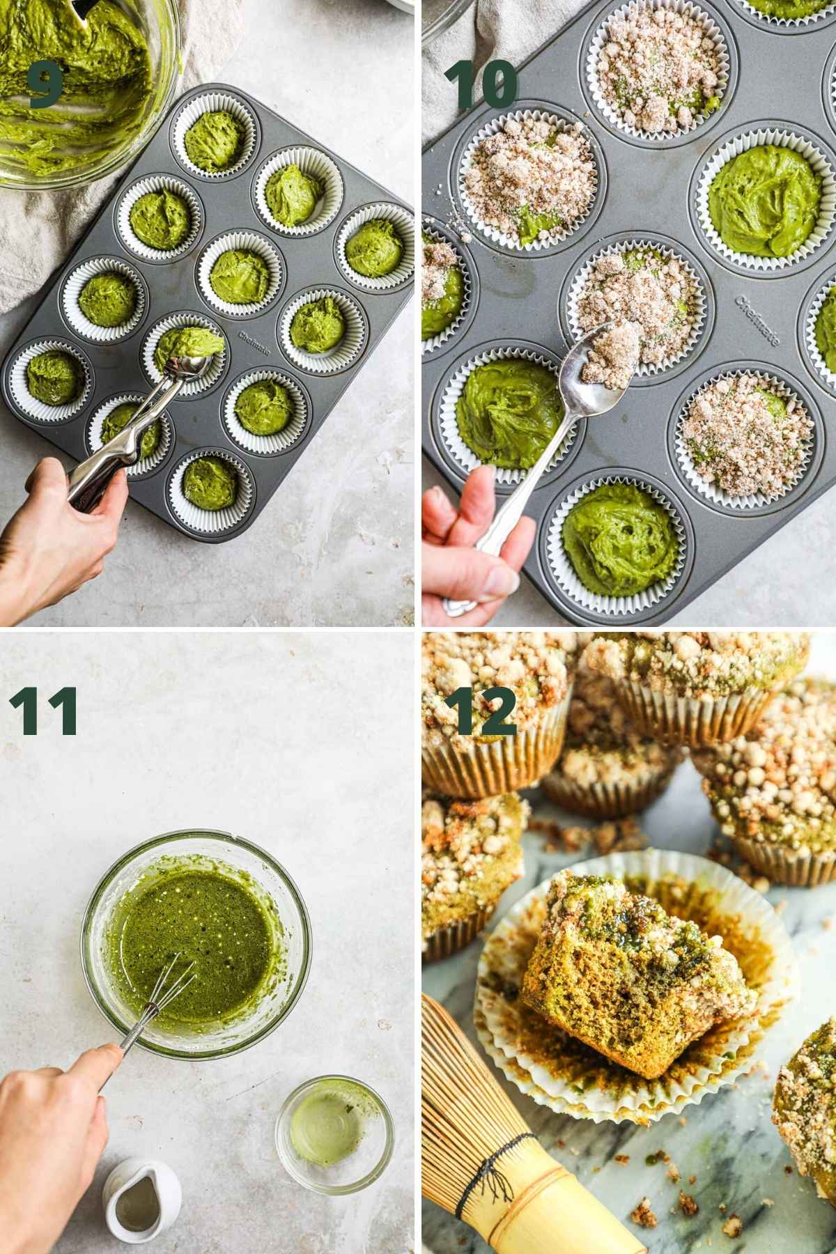 Steps to make matcha streusel muffins, including adding the batter to the muffin liners, adding the cinnamon streusel on top of the batter, baking the muffins, making the matcha vanilla glaze, and adding the glaze to the muffins.