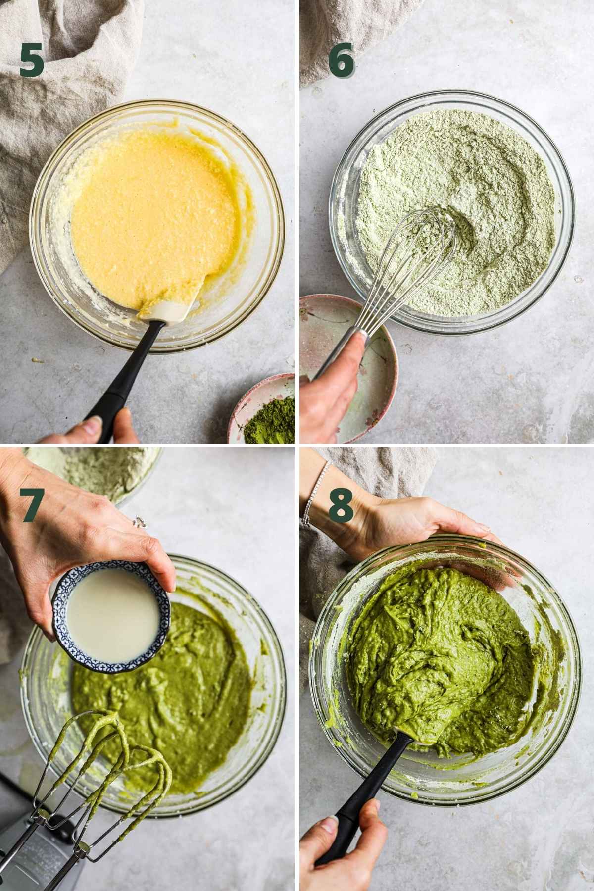 Steps to make matcha cinnamon streusel muffins, including mixing the wet ingredients, mixing the dry ingredients, and combining the wet and dry ingredients.
