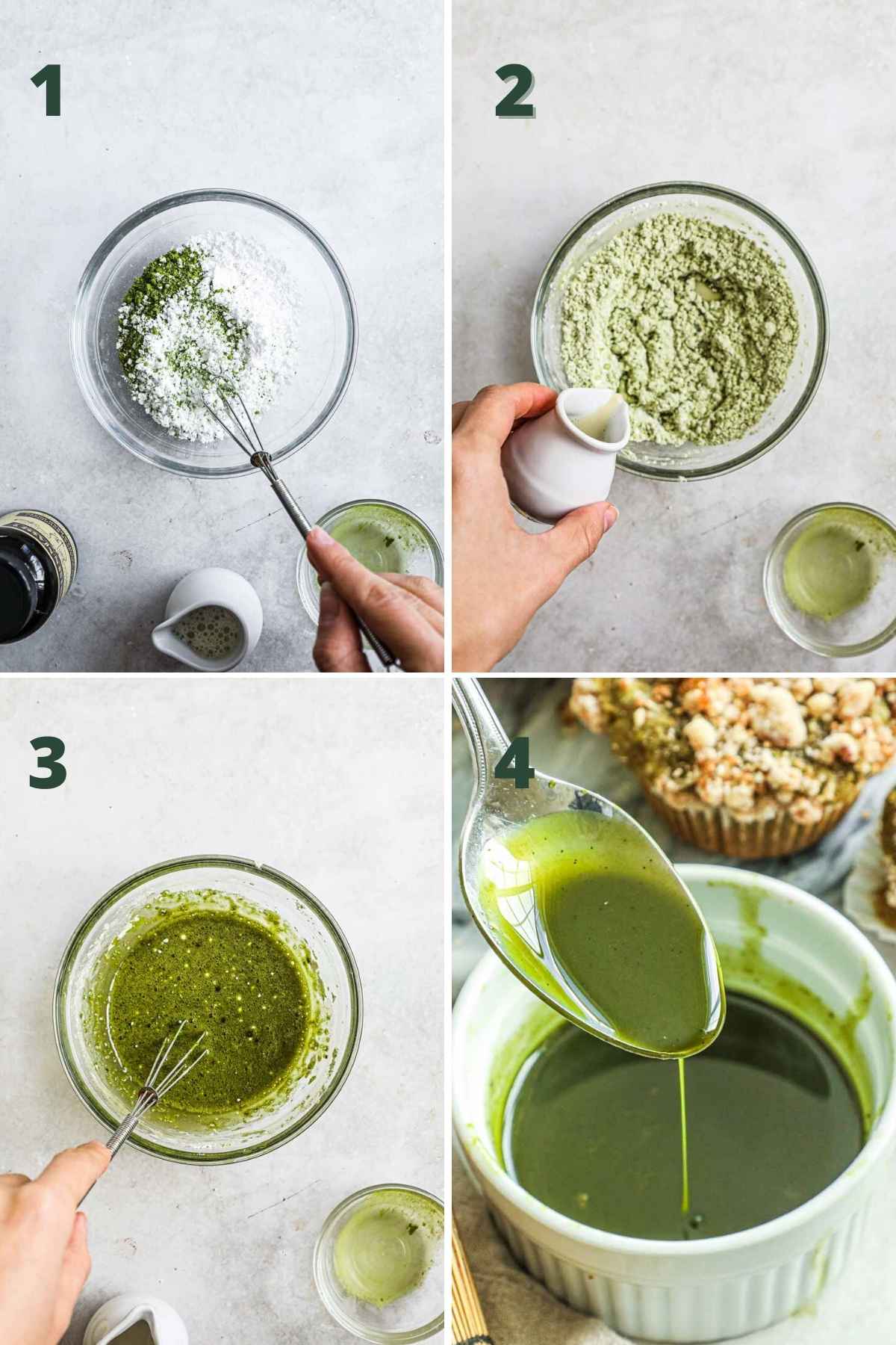 Steps to make matcha vanilla bean glaze, including mixing the dry ingredients, adding the milk, and stirring until smooth.