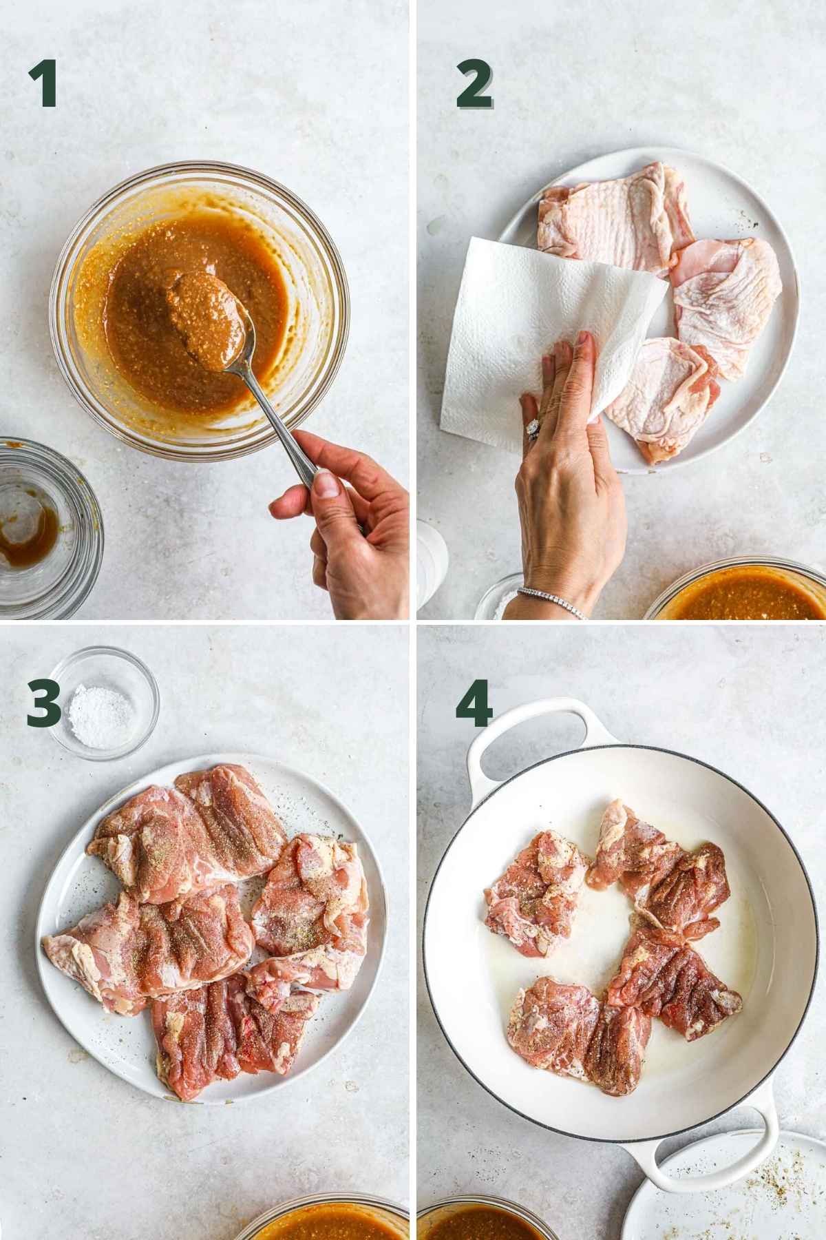 Steps to make juicy miso jidori chicken thighs, including making the miso, soy sauce or tamari, and sake sauce; patting the chicken dry, seasoning the chicken, and searing the skin of the chicken in the pan.