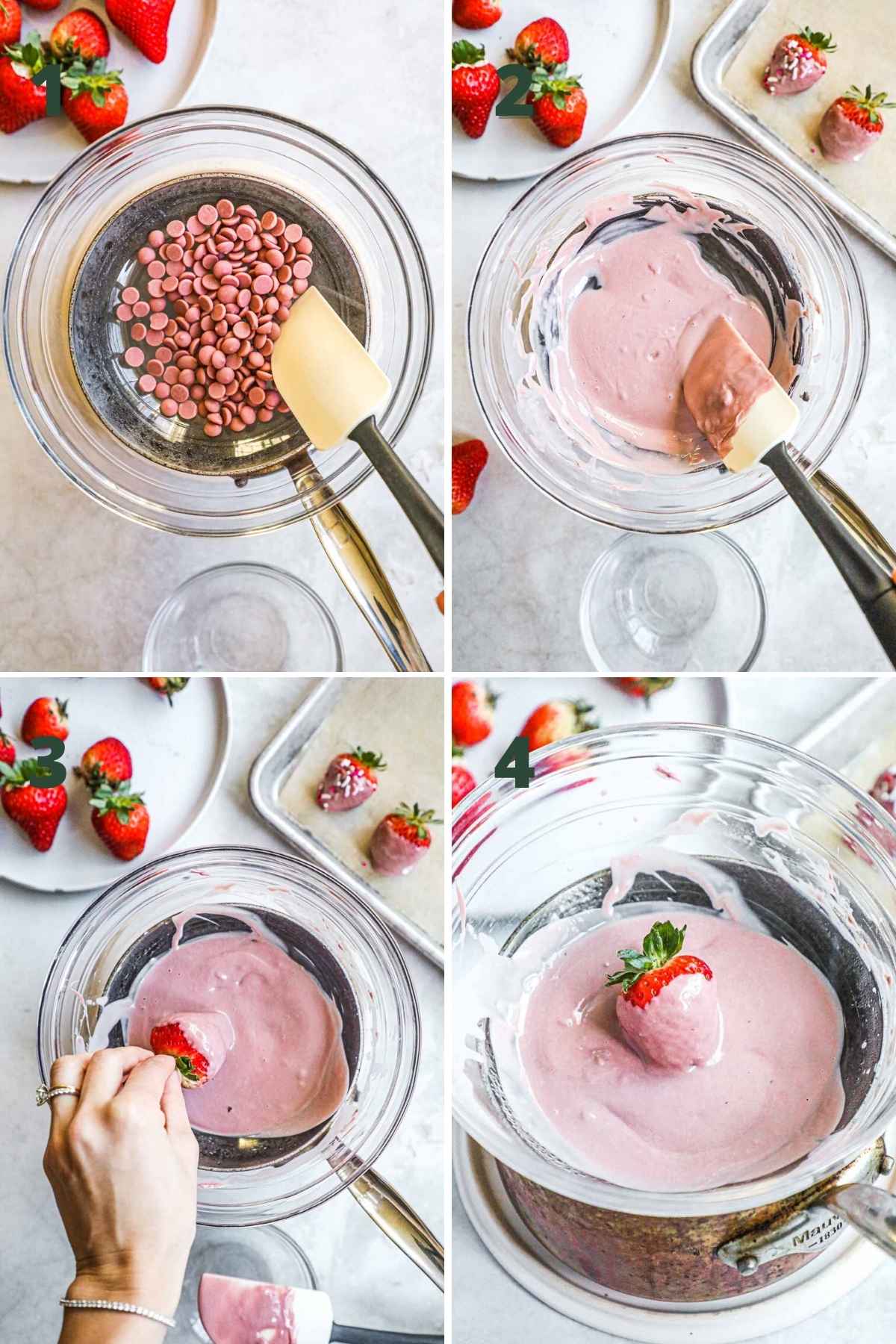 Instructions to make pink chocolate covered strawberries, including melting the ruby chocolate, dipping the strawberries, and chilling the ruby pink chocolate dipped berries.