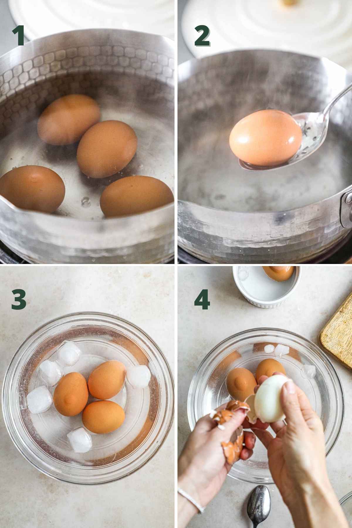 Steps to make easy and simple egg salad, including soft boiling and hard-boiling eggs, chilling eggs in an ice bath, and peeling the eggs.