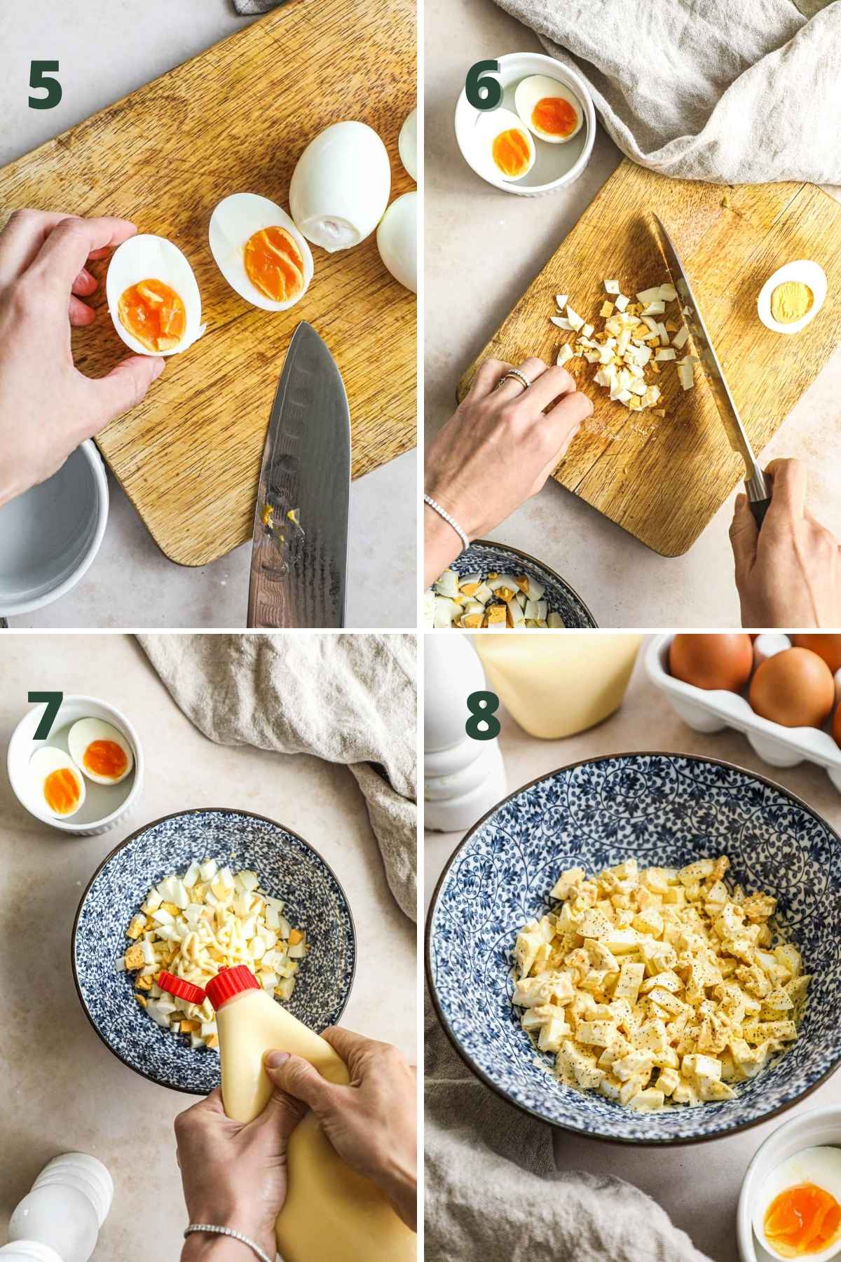 Steps to make tamago sando (Japanese egg salad sandwich), including slicing the jammy egg in half, chopping the hard boiled eggs, adding kewpie mayo, salt, and pepper to the egg salad, and mixing.