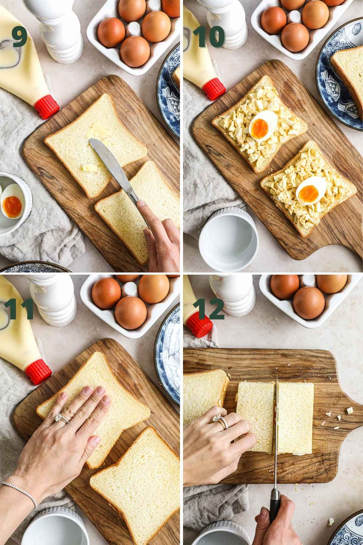 Steps to make tamago sando (Japanese egg salad sandwich), including spreading butter on the bread, adding egg salad and jammy eggs to the bread, pressing the top slice on the sandwiches, cutting off the crust, and slicing the sandwich in half. 