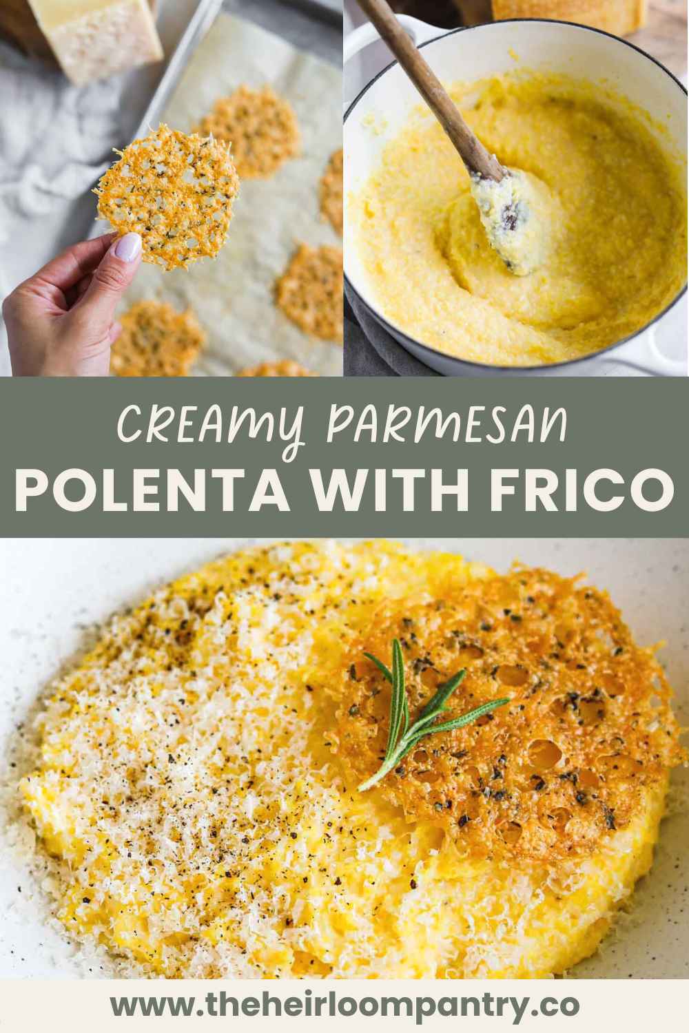Creamy Italian parmesan polenta with montasio frico cheese crisps Pinterest pin.