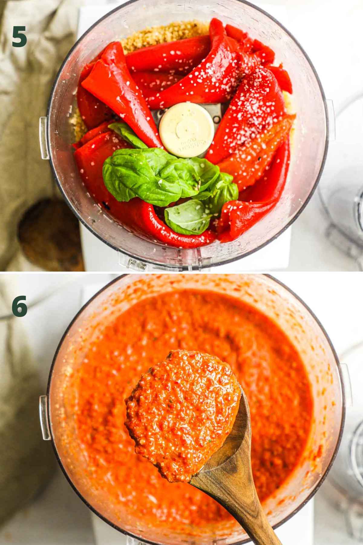 How to make roasted red pepper pesto, including adding the roasted red peppers, basil, and kosher salt to the food processor and blending.
