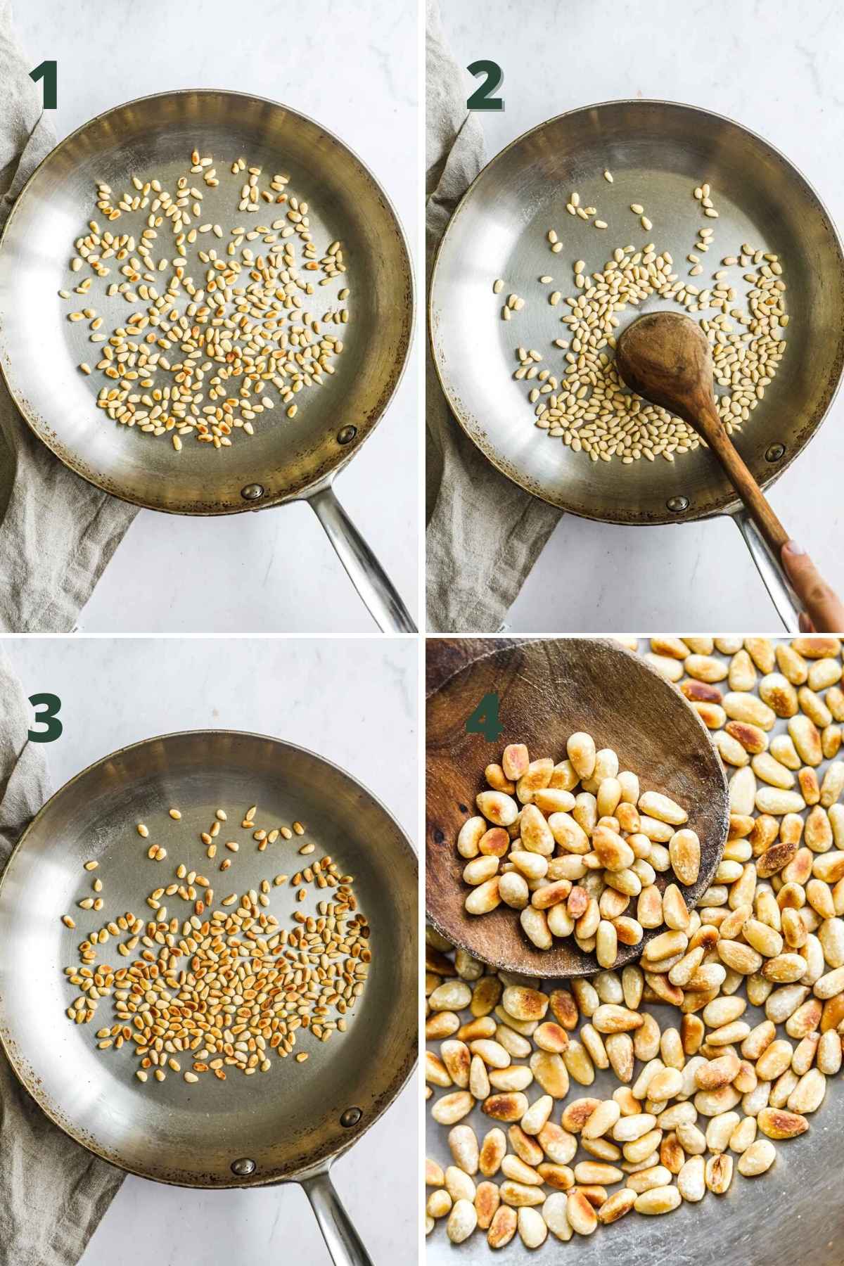Steps to toast pine nuts (pinoli), including adding the raw pine nuts to a dry skillet, occasionally stirring, and lightly toasting until golden.