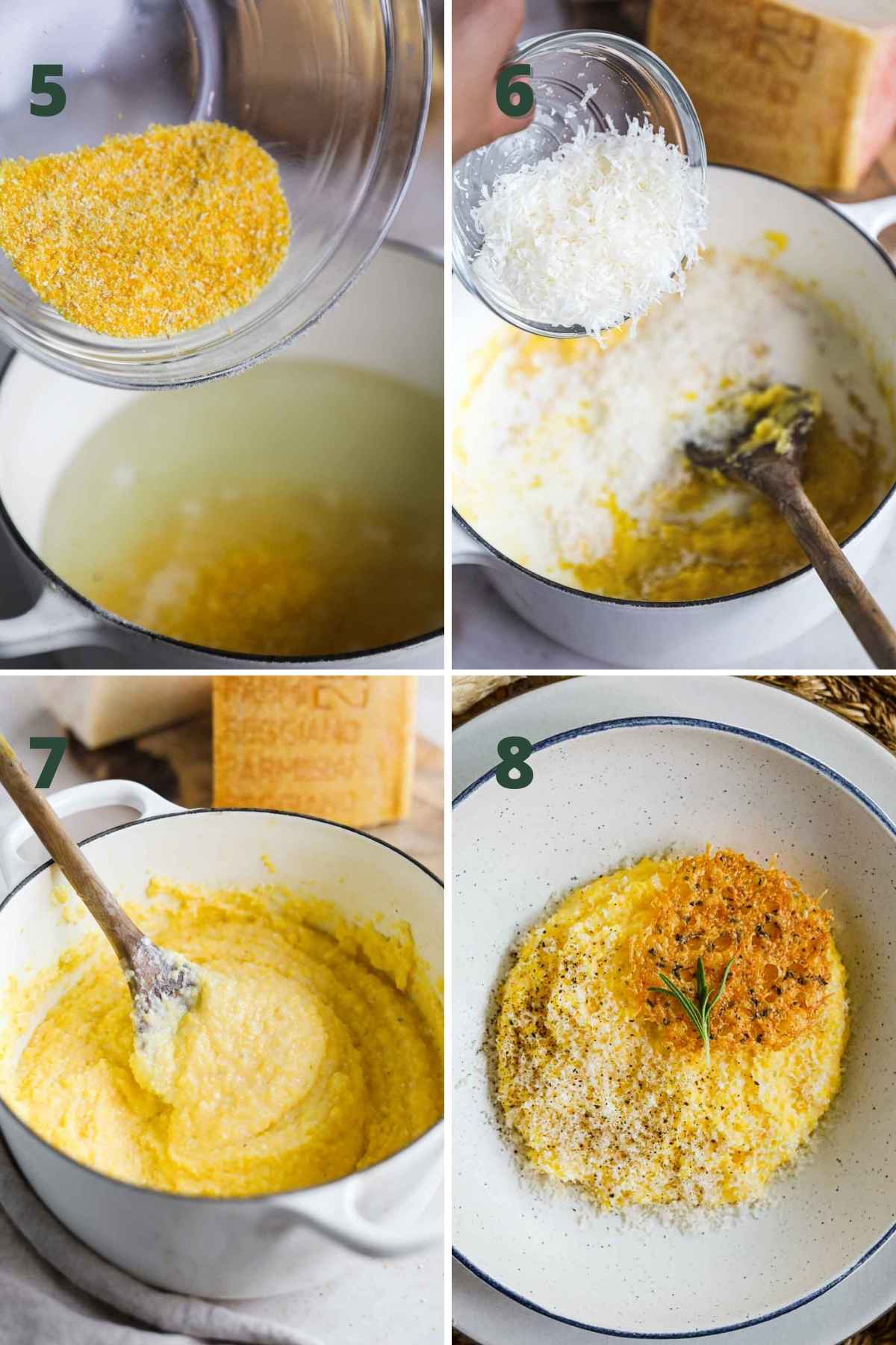 Steps to make creamy parmesan polenta with frico crisps, including adding the polenta to salted water, stirring in milk, butter, and cheese, and serving with the frico crisps.