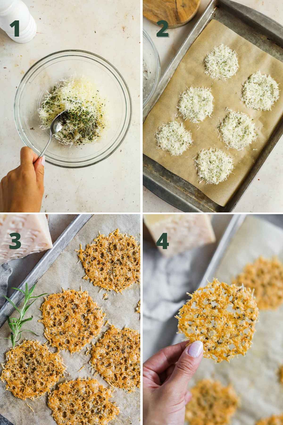 Steps to make creamy parmesan polenta with frico crisps, including mixing the cheese and herbs, placing the cheese on a baking sheet, and baking into crisps.