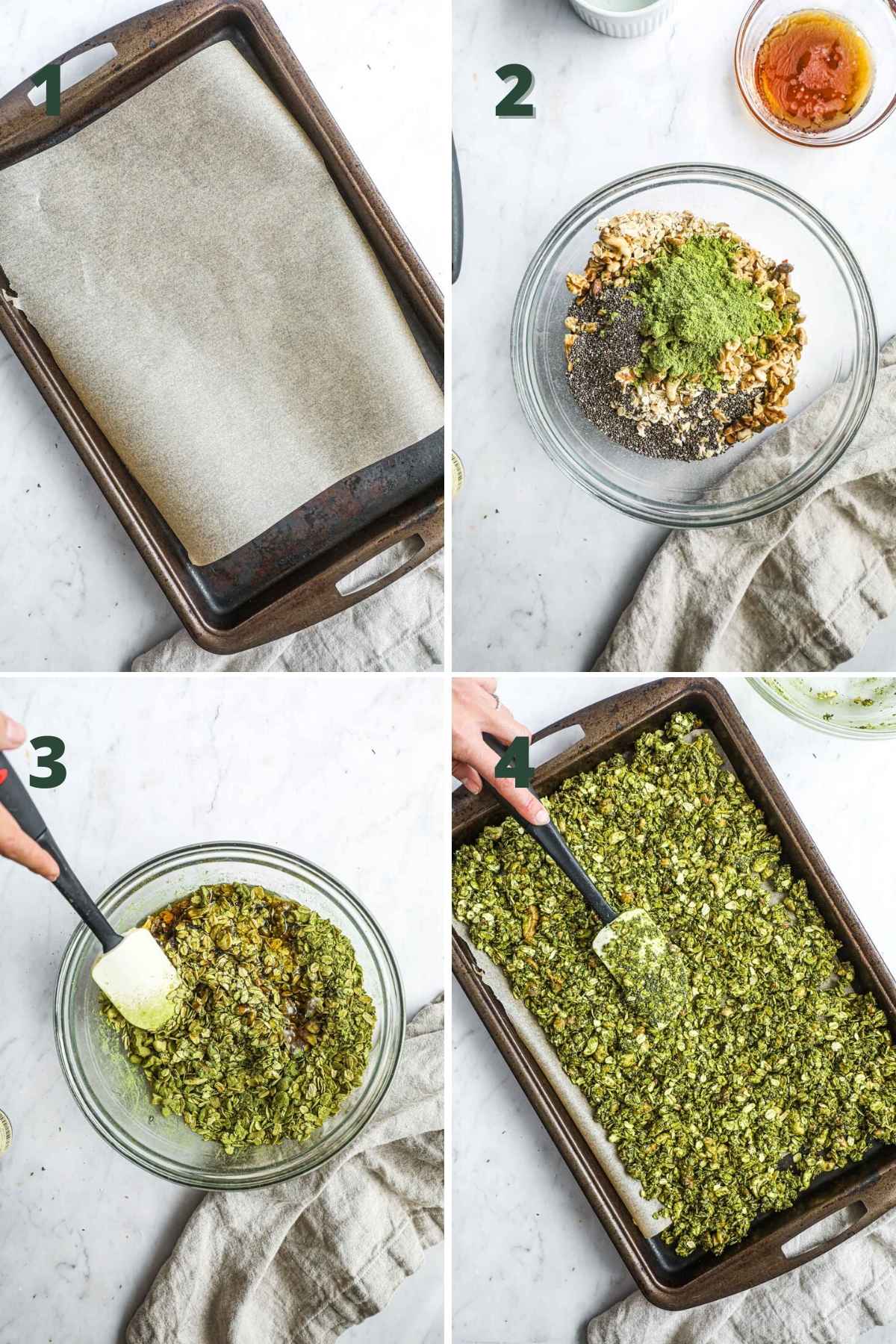 Steps to make gluten-free matcha granola, including lining a baking sheet with parchment paper, mixing the dry and wet ingredients, spreading the granola on a baking sheet, and stirring halfway through.