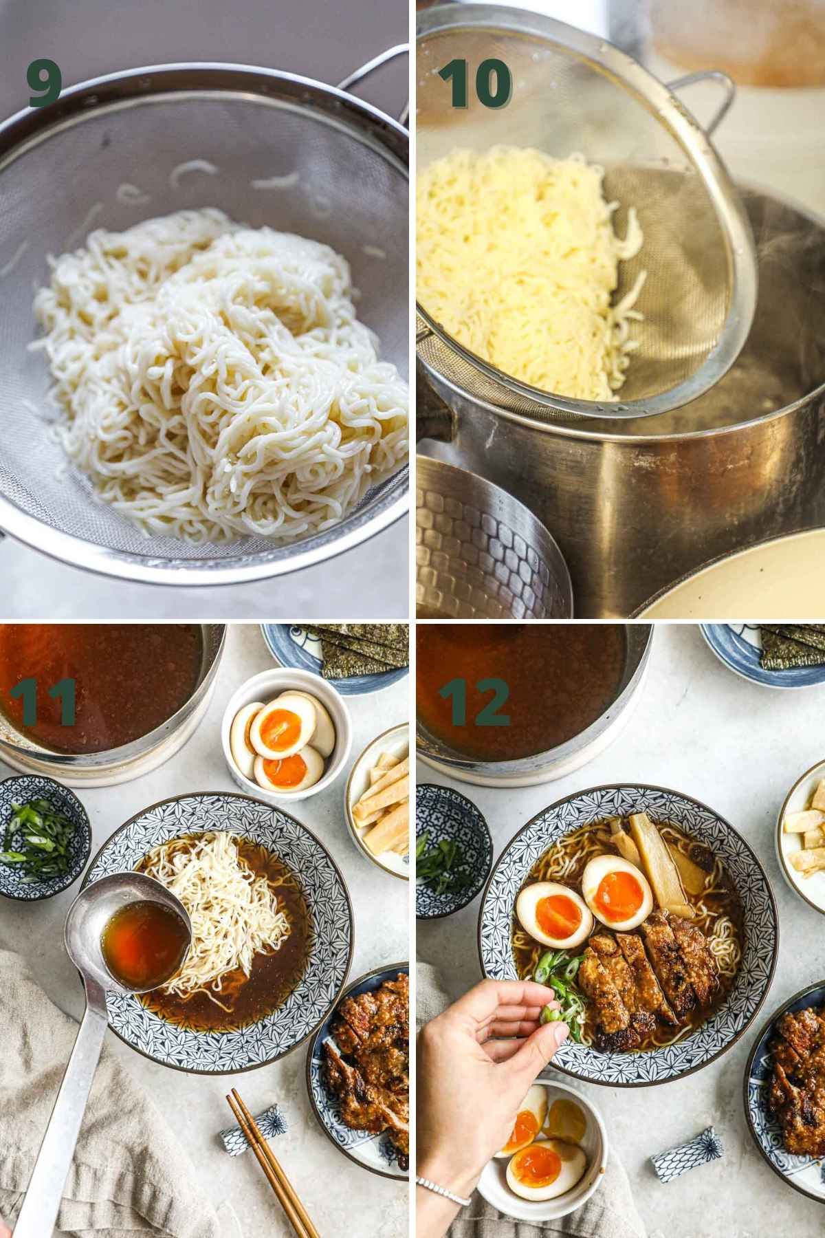 Steps to make gluten-free ramen with miso chicken thighs, boiling tofu shirataki noodles, noodles and broth into bowls, and serving with ajitama ramen egg & miso chicken.
