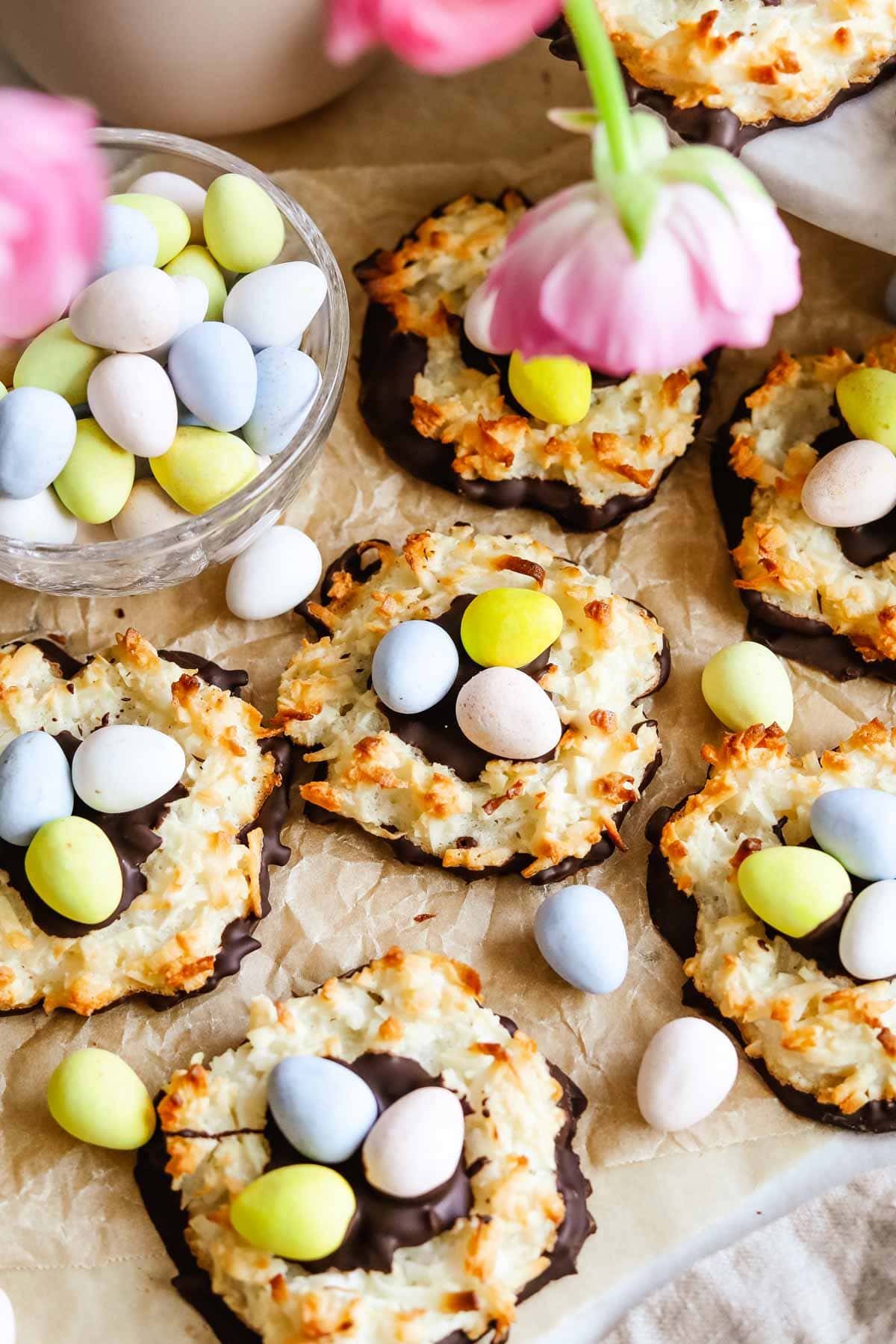 Chocolate coconut macaroon nests with mini Cadbury eggs for Easter and Spring.