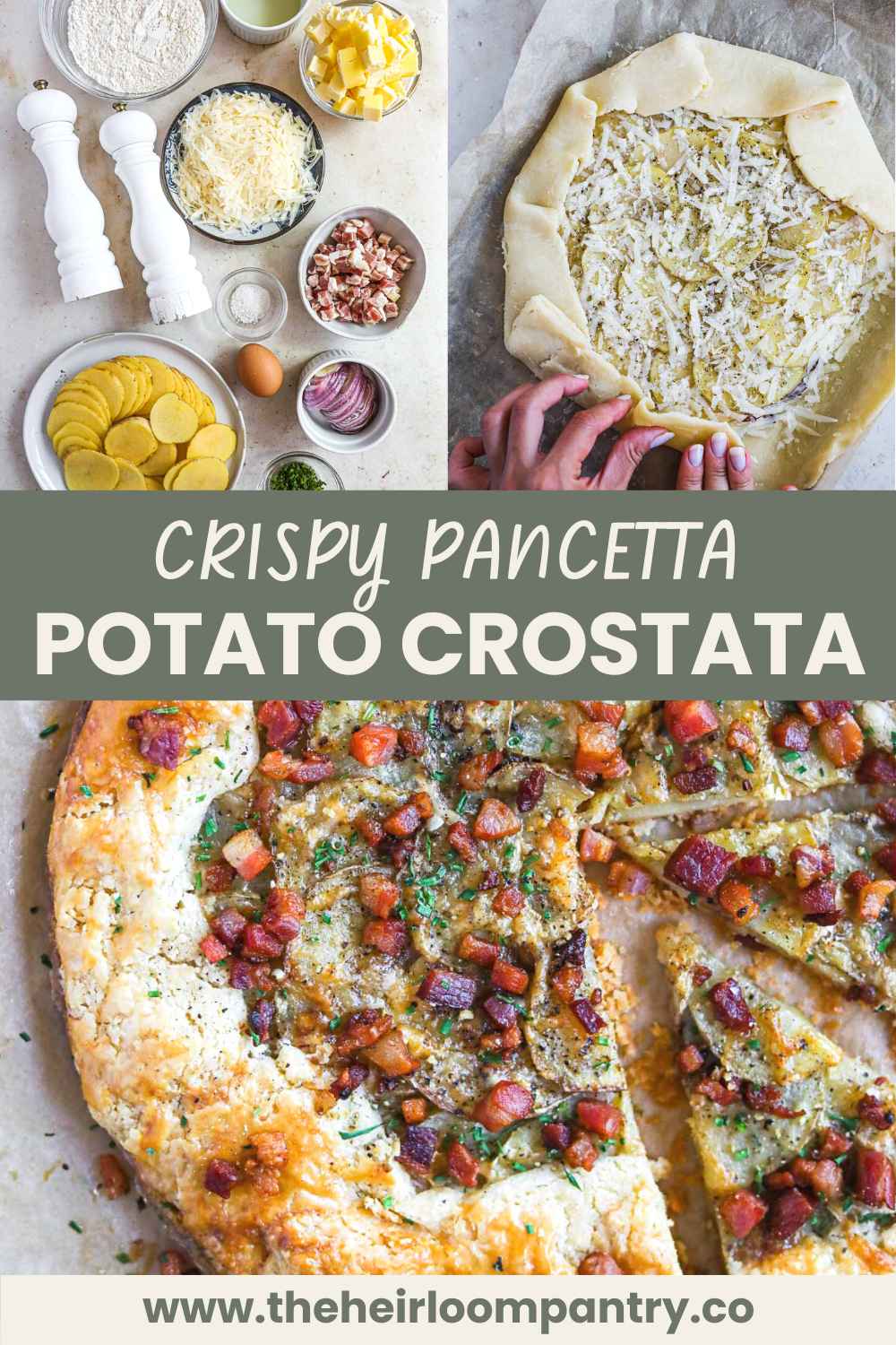 Crispy pancetta guanciale, potato, and cheese crostata Pinterest pin.