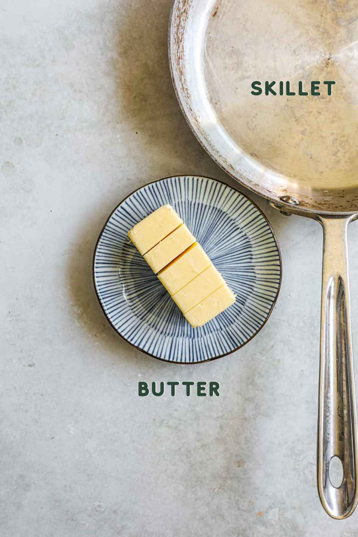 Ingredients to make browned butter, including high-quality butter with a higher fat content and a skillet.