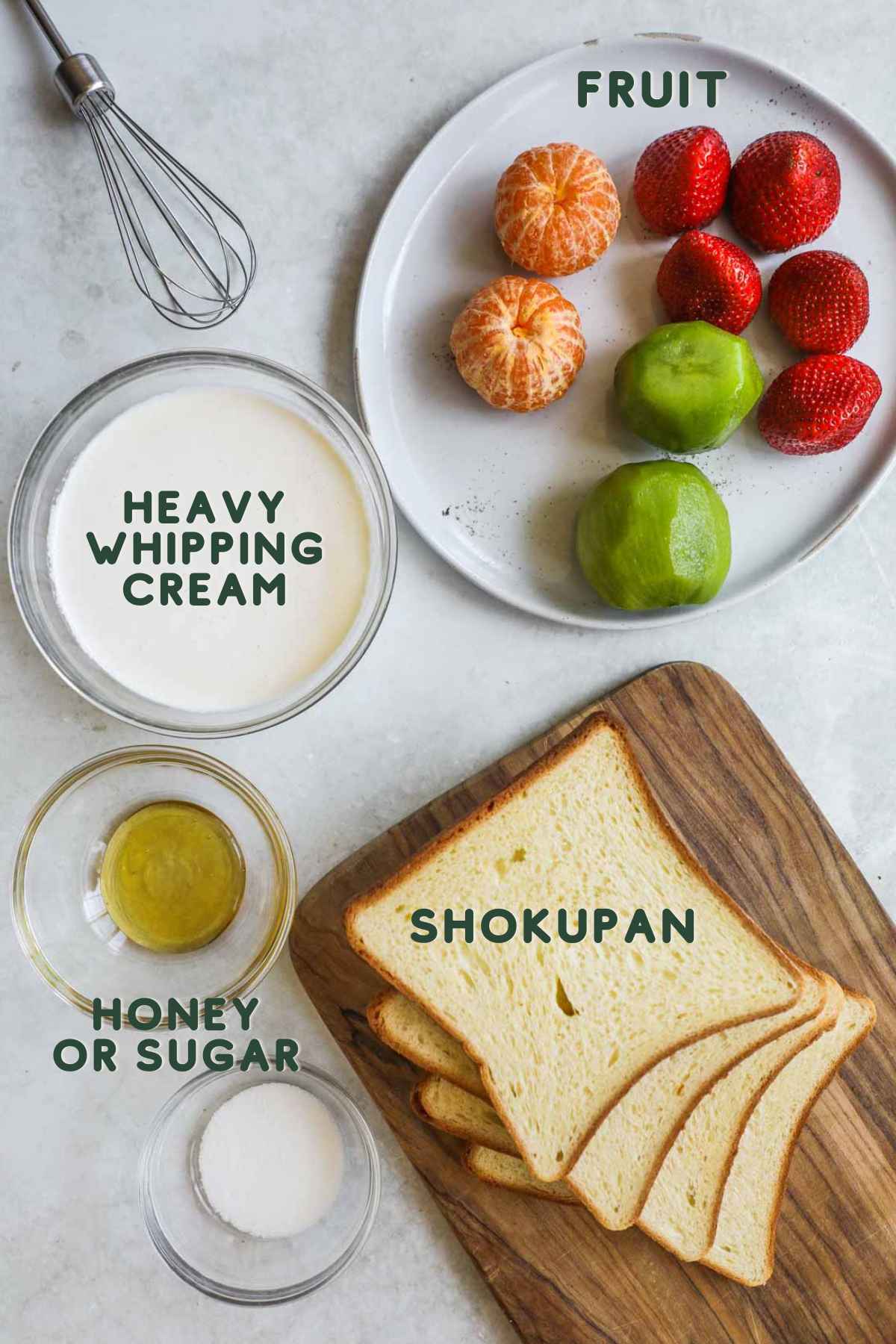 Ingredients to make Japanese fruit sandosandwich, including shokupan, honey or sugar, heavy whipping cream, and fresh fruit.