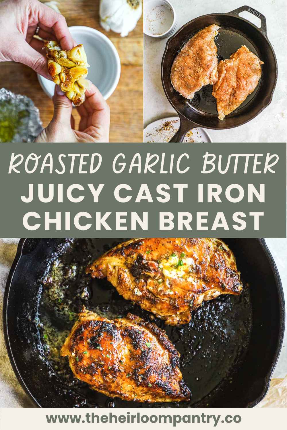 Juicy cast iron chicken breast with herbed roasted garlic butter and lemon juice Pinterest pin.