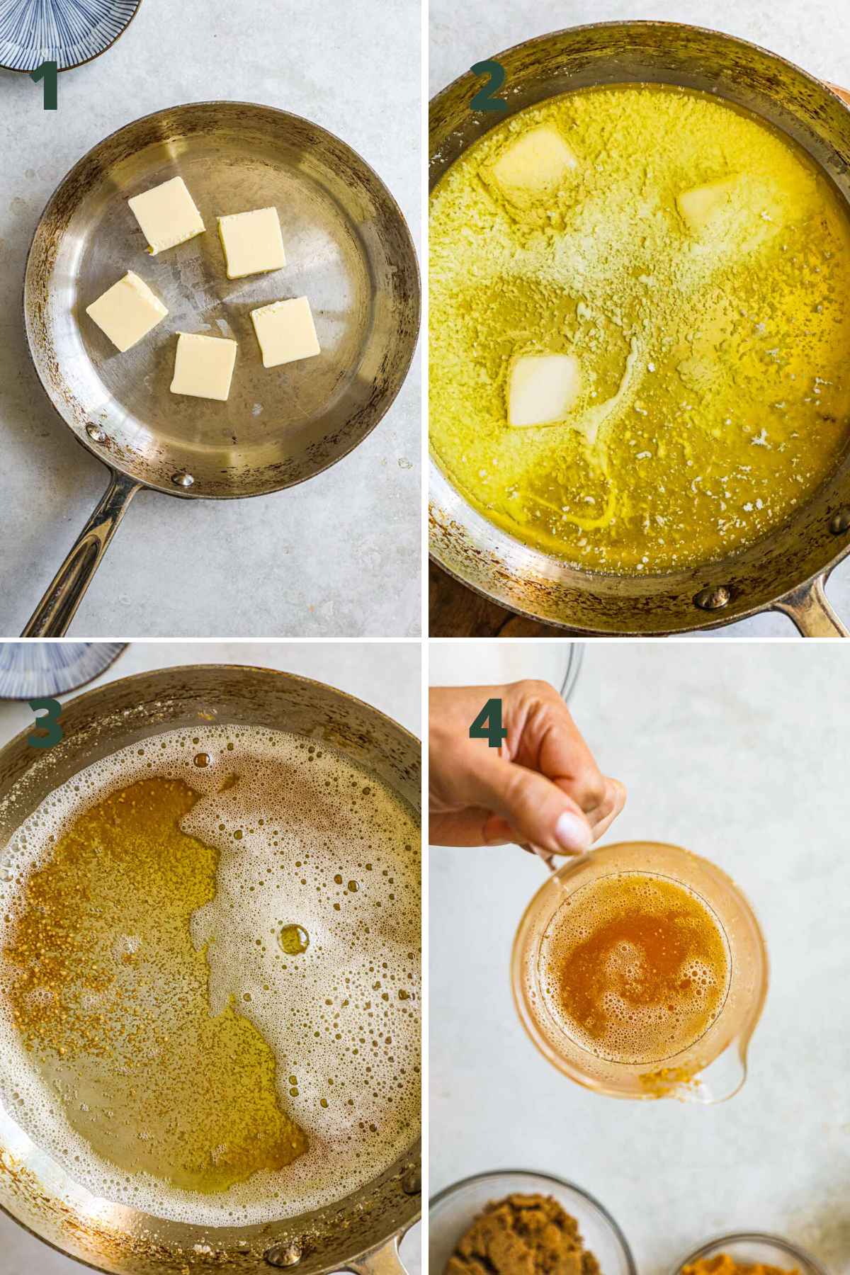 Steps to make brown butter, including melting the cubed butter in a skillet, then slowly browning the butter to toast the milk solids.