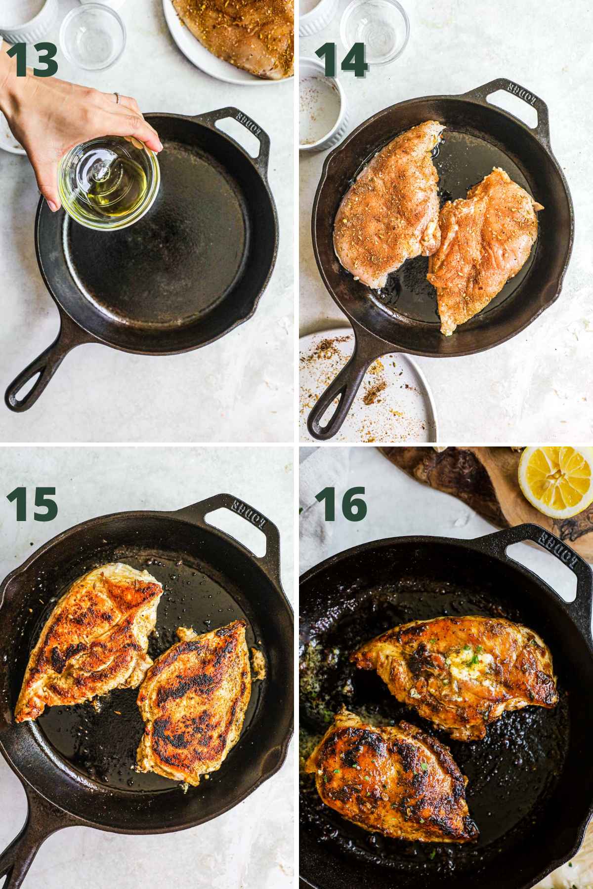Steps to make cast iron skillet chicken, add oil to skillet, sear on one side, flip, bake in oven, top with roasted garlic butter and lemon juice.