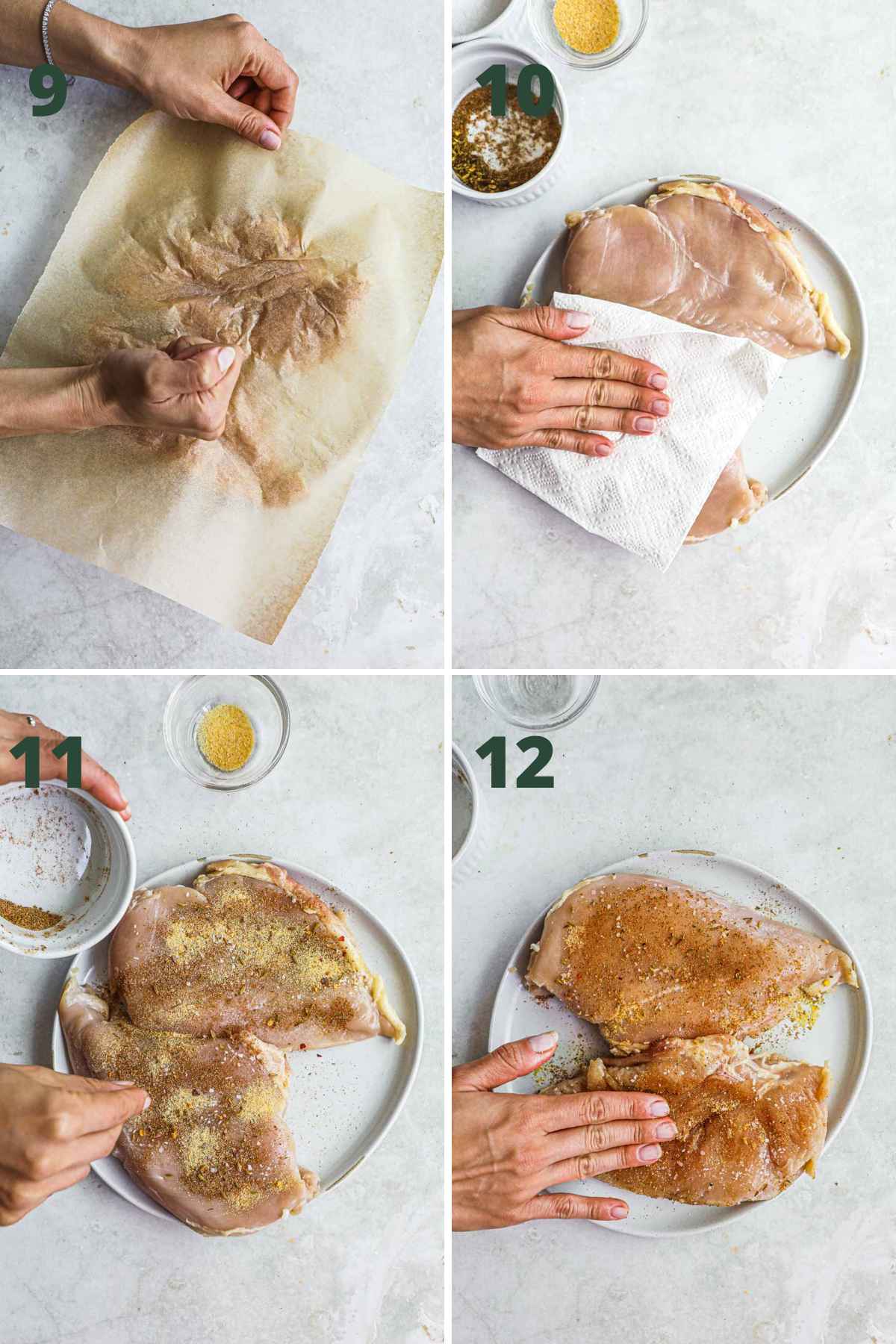 Steps to make cast iron skillet chicken, tenderize chicken, pat dry, season, and rub seasoning into chicken breasts.