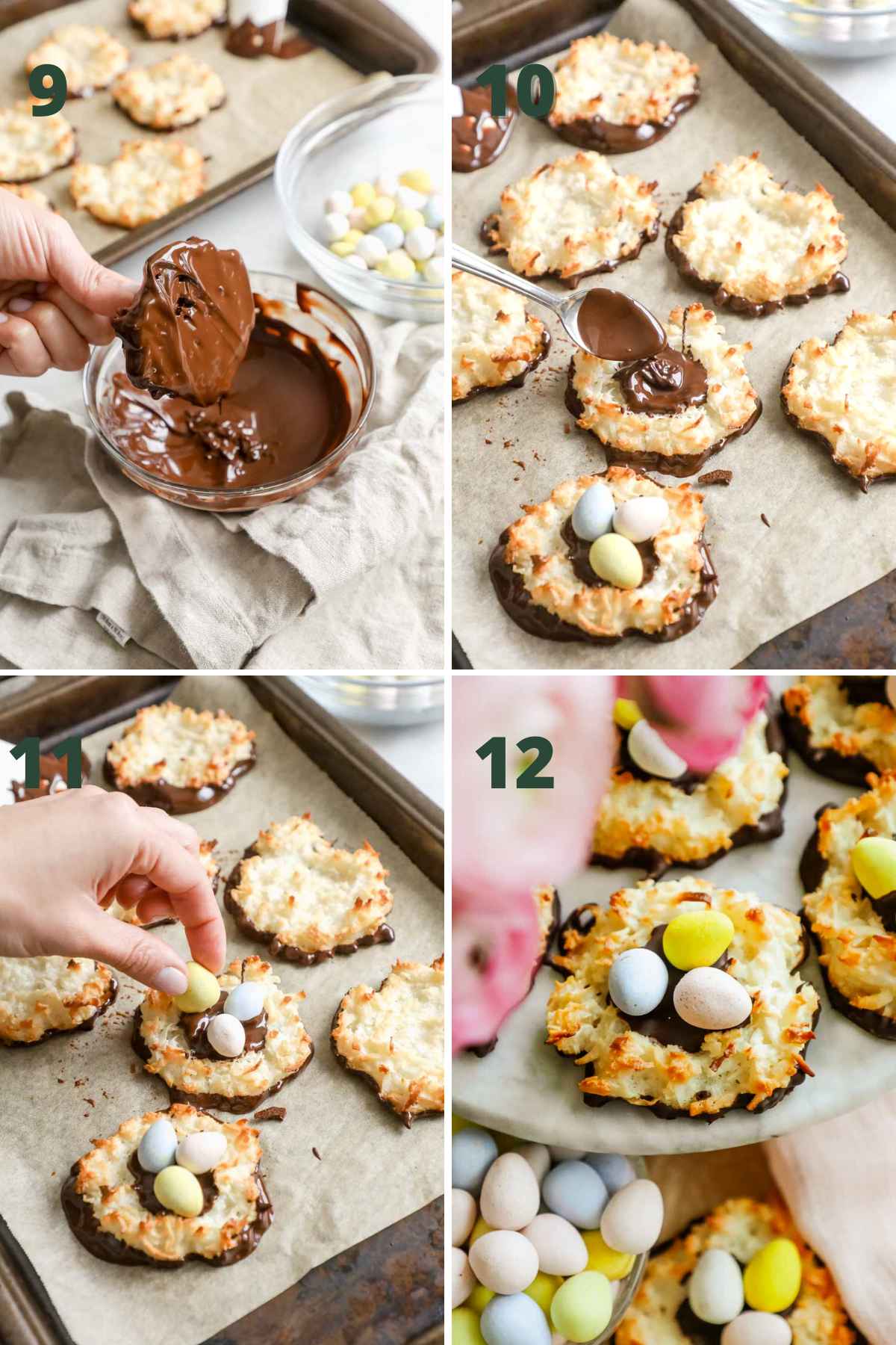 Steps to make chocolate covered coconut macaroon nests, including dipping bottoms in chocolate, adding dollop of chocolate in the nest, and adding Cadbury mini eggs.