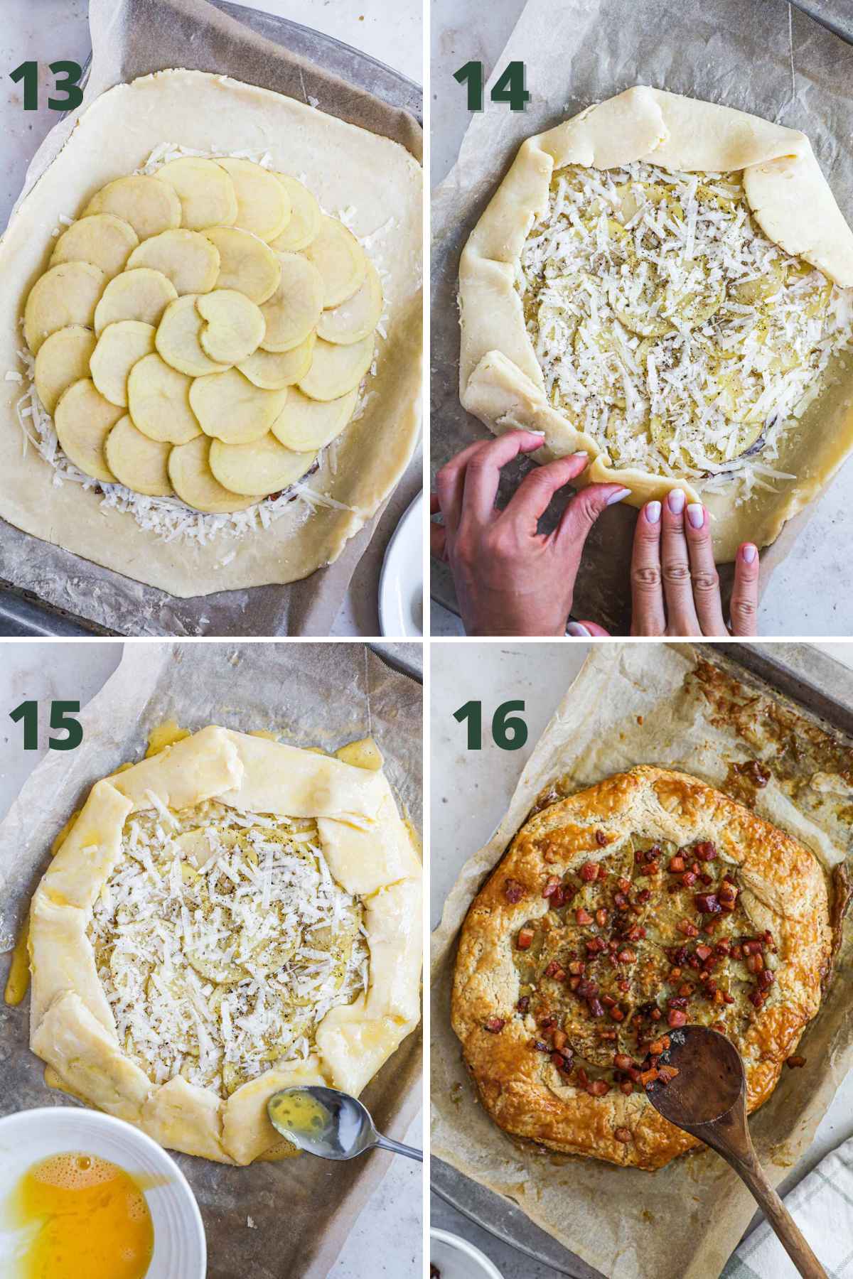 Steps to make crispy pancetta guanciale and potato crostata, including layering the potatoes and cheese, brushing with egg wash, baking, and adding the pancetta and chives.