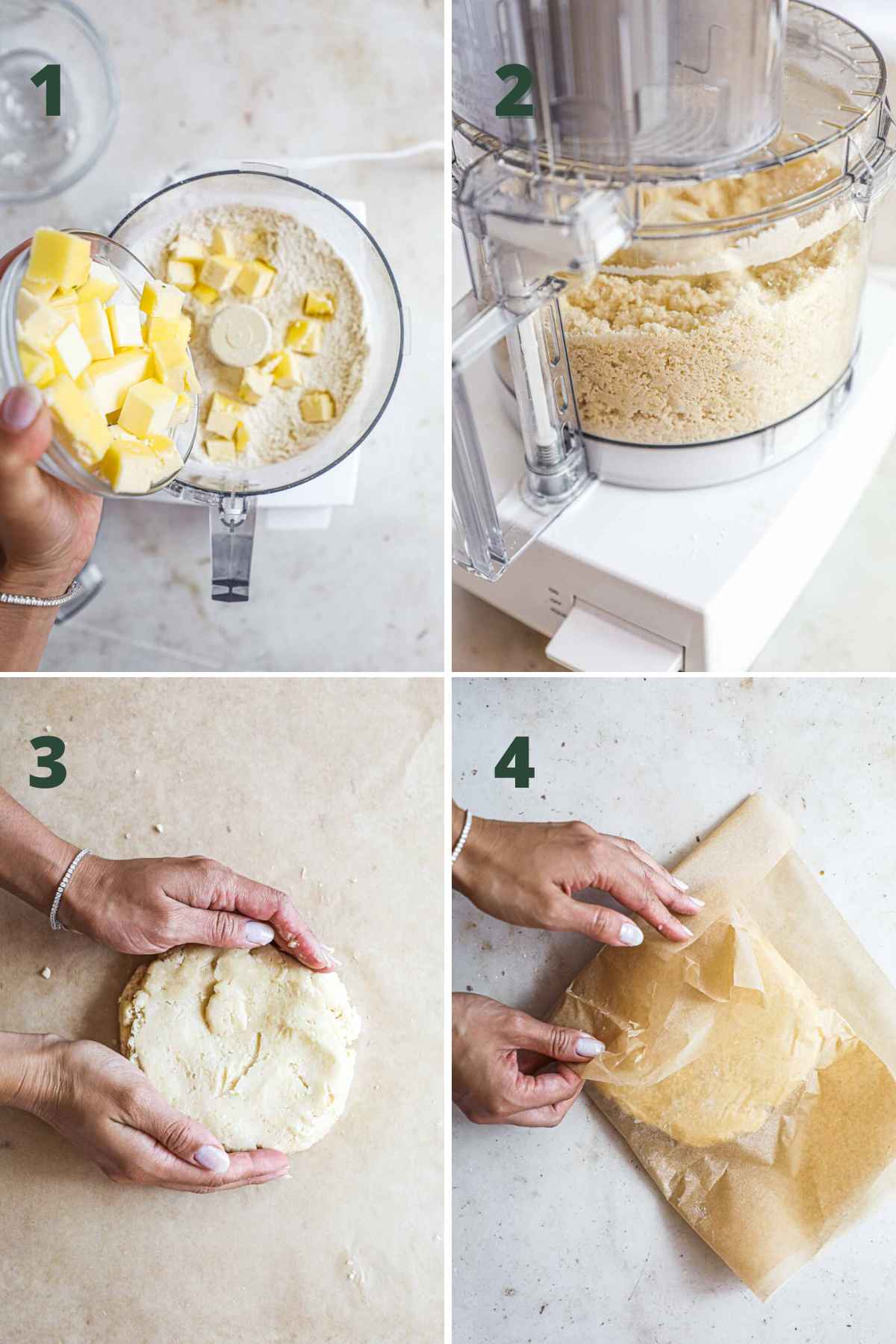 Steps to make crispy pancetta guanciale and potato crostata, including making the butter crostata crust in the food processor and shaping into a disc, then freezing to chill.