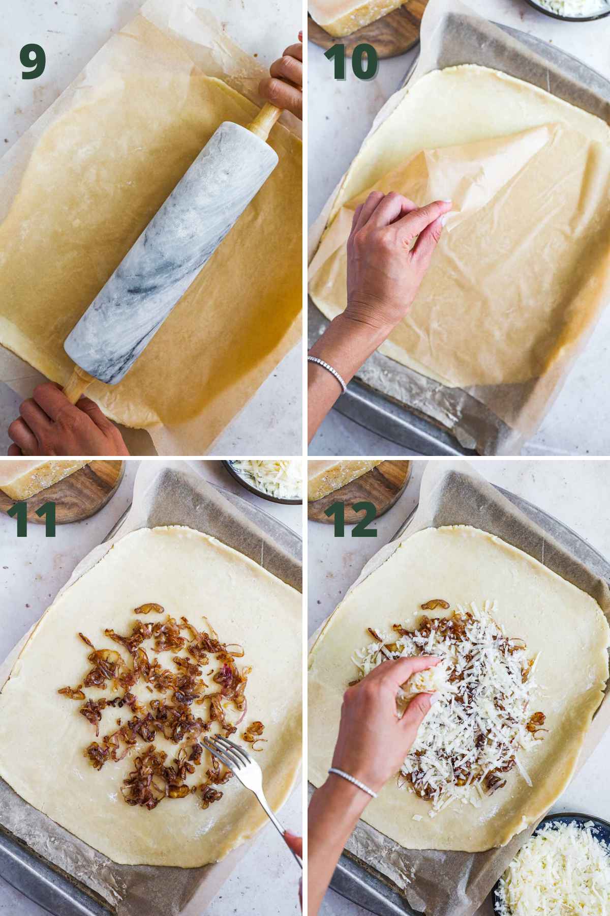 Steps to make crispy pancetta guanciale and potato crostata, including rolling out the dough, adding the caramelized shallots, and layering the cheese.