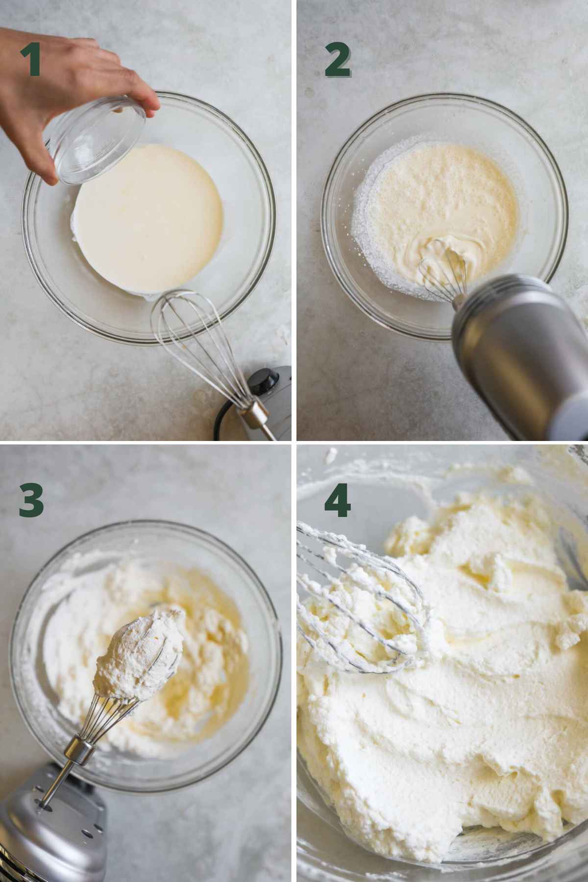 Steps to make easy homemade whipped cream, including adding honey or sugar to heavy whipping cream, whipping with a mixer or whisk, whisking until the cream forms stiff peaks.