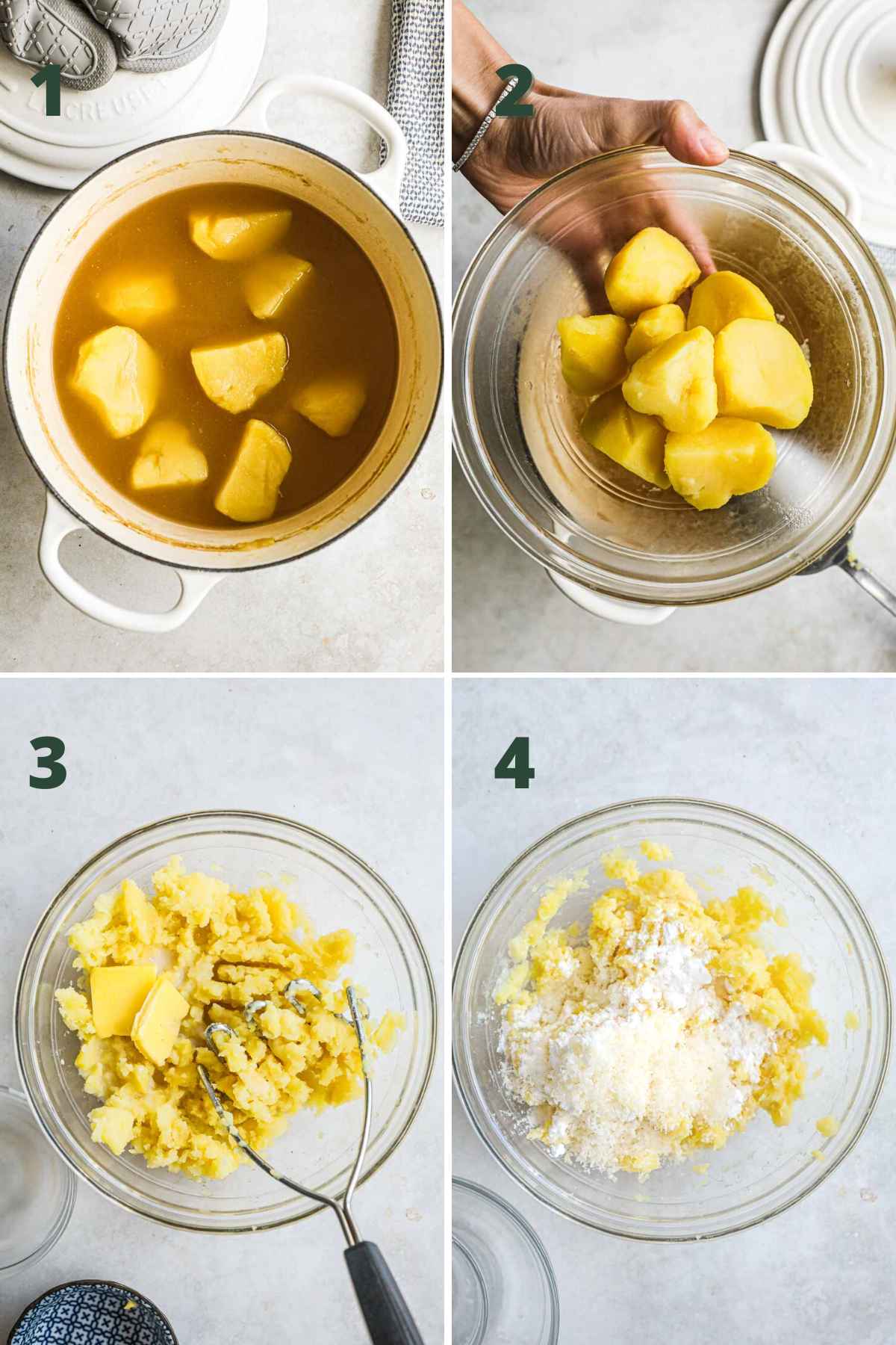 Steps to make fried potato mochi, including boiling potatoes in broth, transferring to bowl, mashing with butter and milk, and adding parmesan and potato starch.