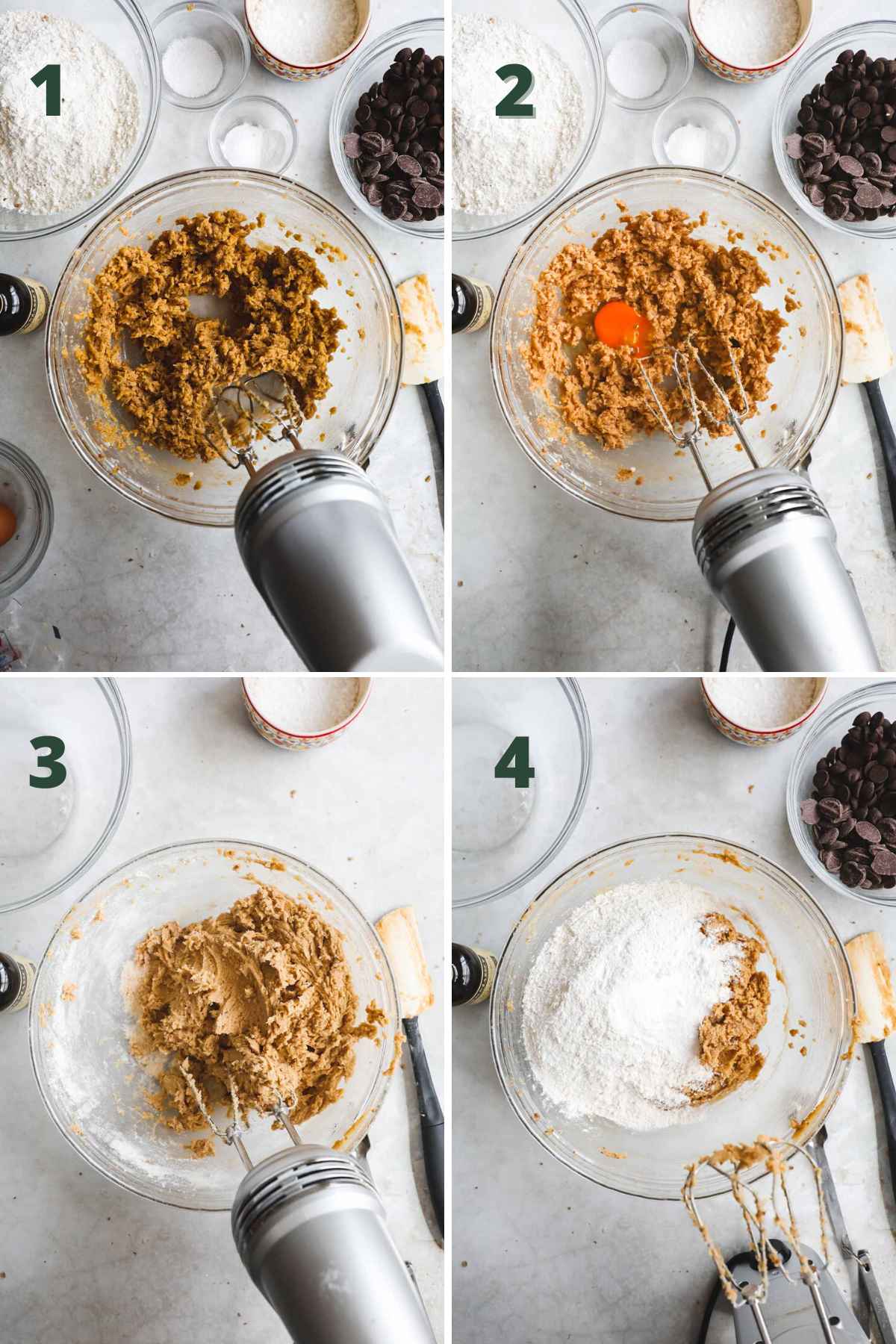 Steps to make giant bakery-style chocolate chip cookies, including making the dough with flour, eggs, vanilla, sugar, and brown sugar with a mixer.