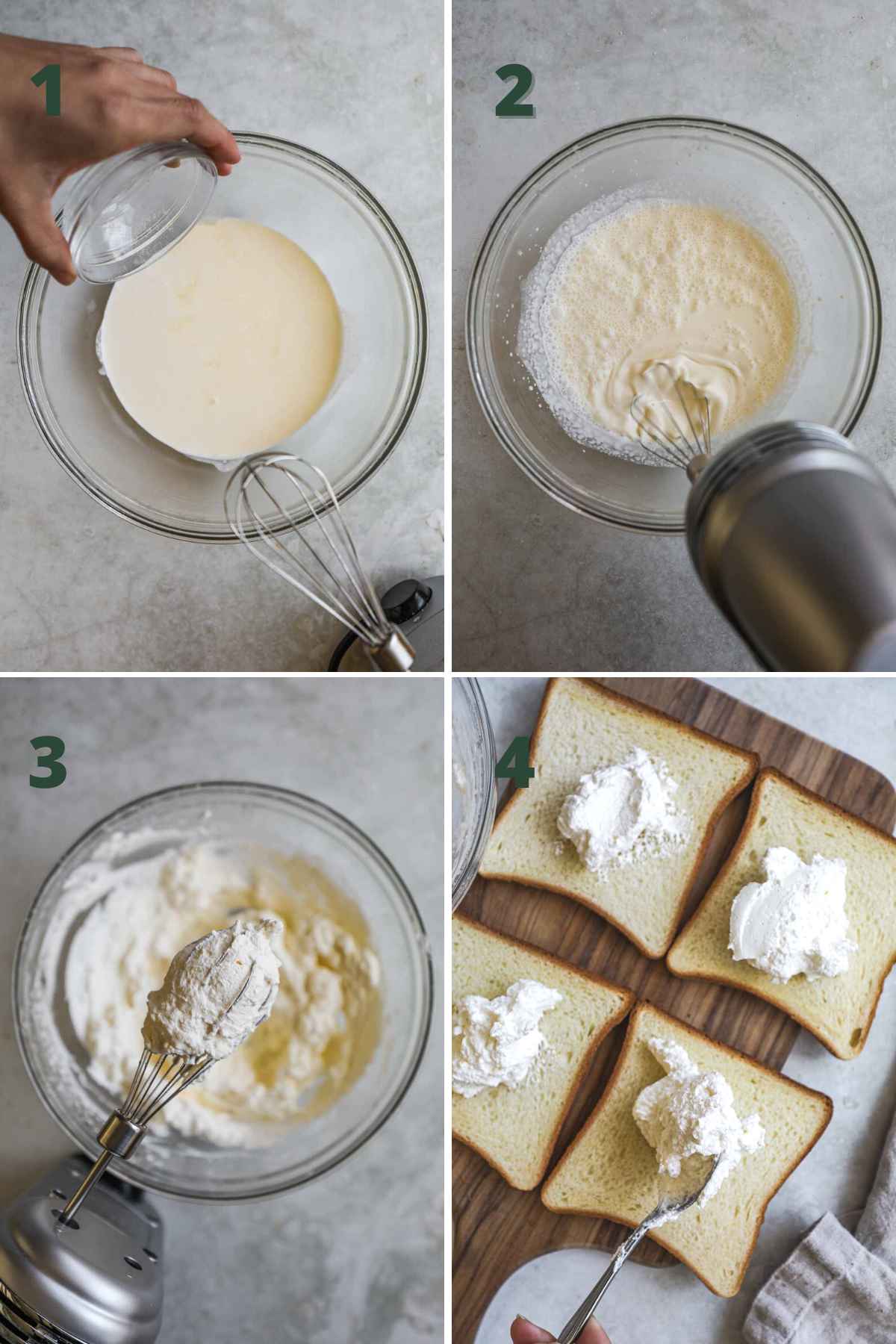 Steps to make japanese fruit sandwich, including adding honey to heavy whipping cream, whipping until it turns into whipped cream, and spreading on shokupan.