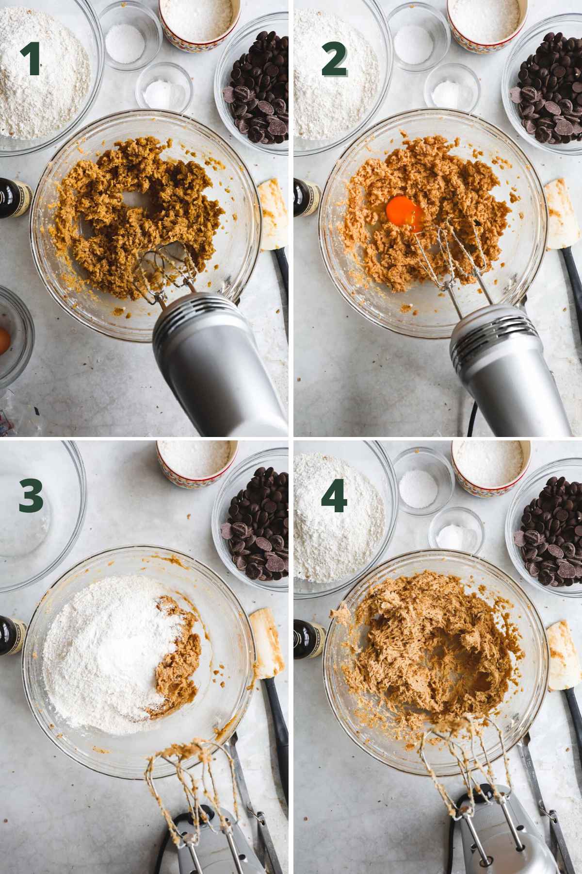Steps to make small batch chocolate chip cookies, including creaming the butter and sugar, then mixing the egg yolk and flour.