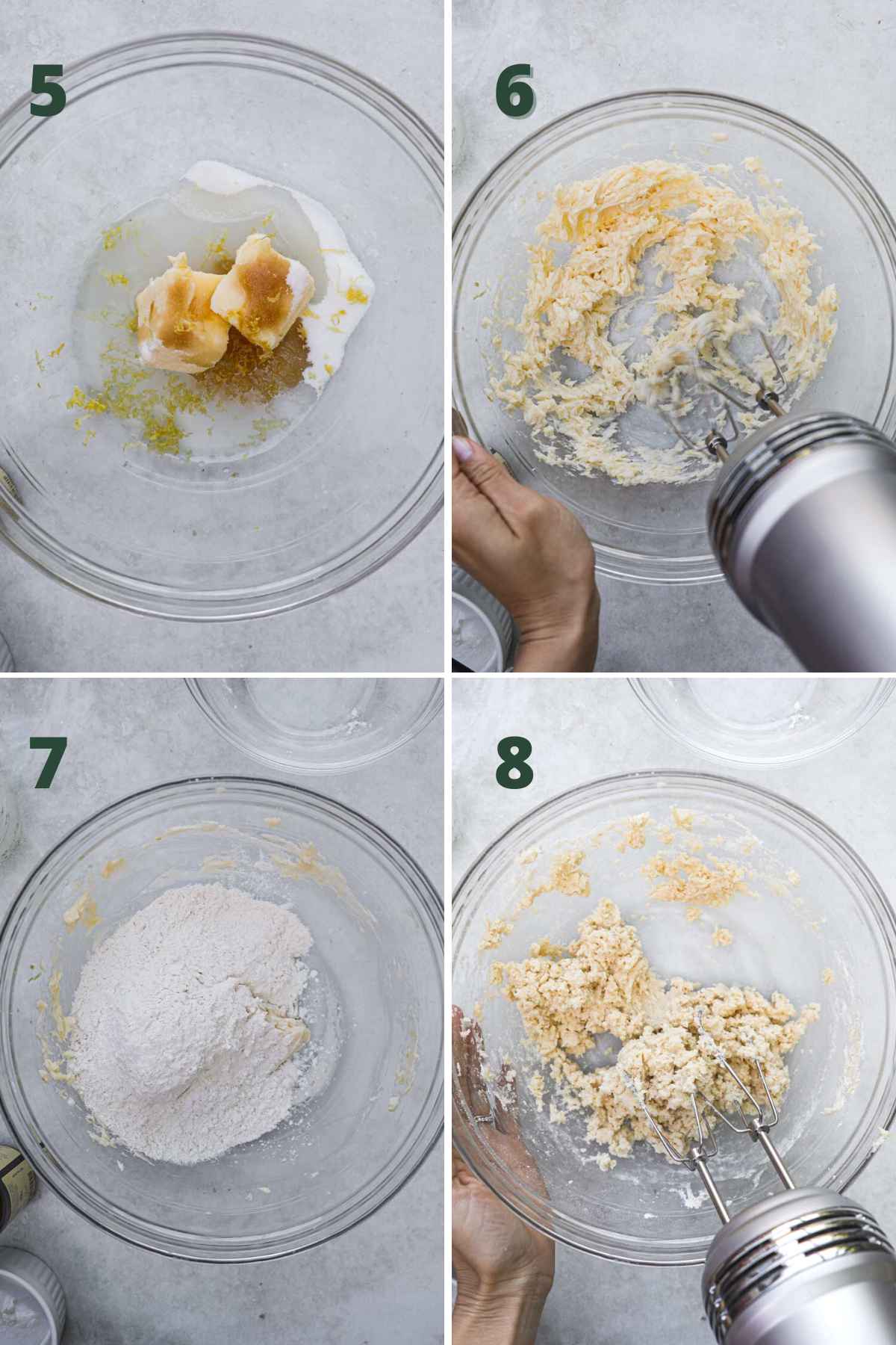 Steps to make edible flower shortbread cookies, including whisking butter, lemon juice and zest, sugar, flour, and kosher salt until it forms a dough.
