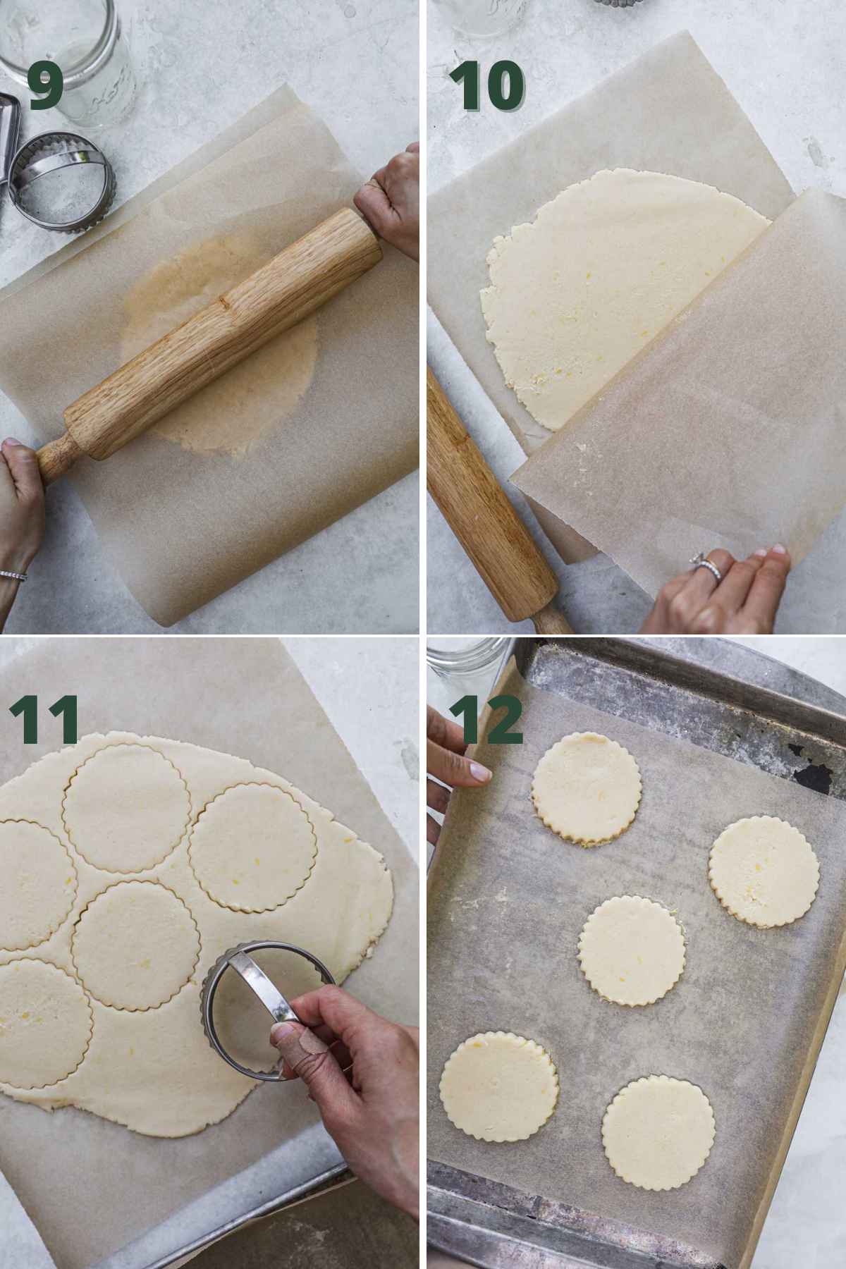 Steps to make edible flower shortbread cookies, rolling out the dough with parchment paper, chilling, cutting dough, and baking.