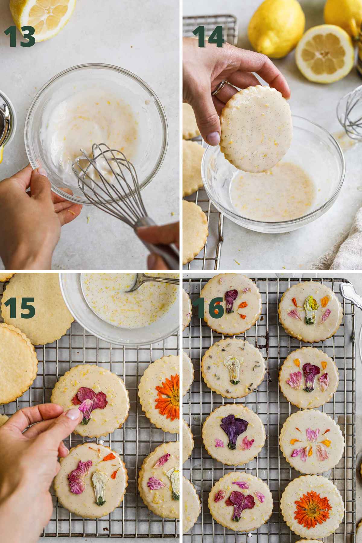 Steps to make edible flower shortbread, whisking powdered sugar, vanilla paste, lemon juice and zest for glaze, dipping cookies, and placing dried edible flowers on top.