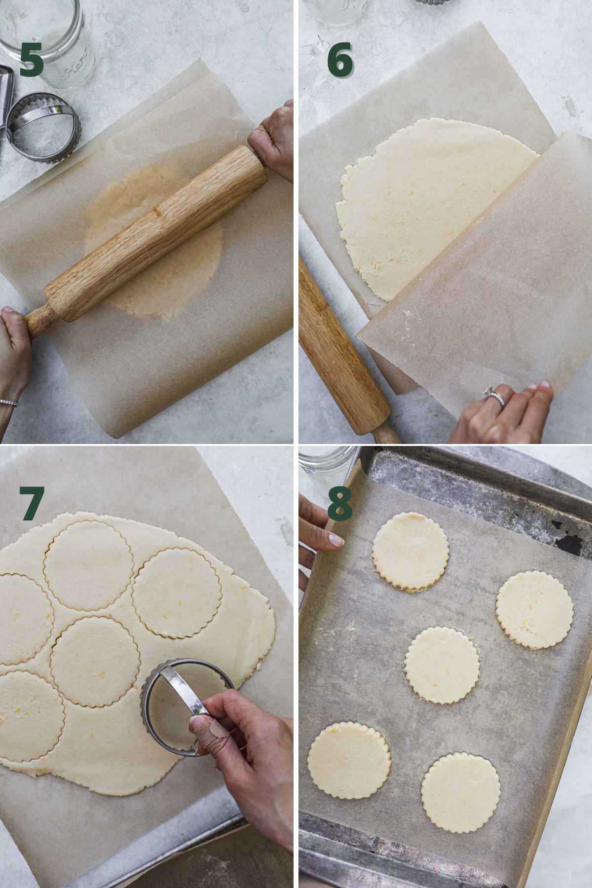 Steps to make lemon cookies with lemon glaze, rolling out the dough with parchment paper, chilling, cutting dough, and baking.