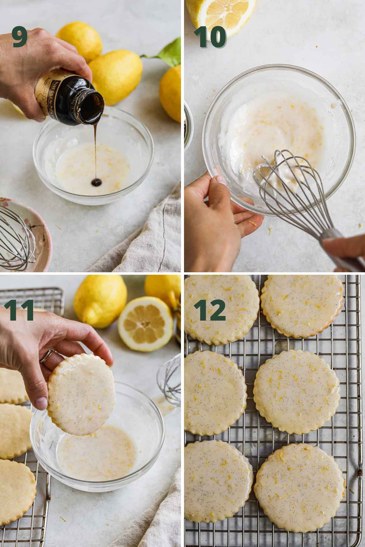 Steps to make shortbread cookies with lemon glaze, whisking powdered sugar, vanilla bean paste, lemon juice and zest to make glaze, dipping cookies, and setting the cookies.