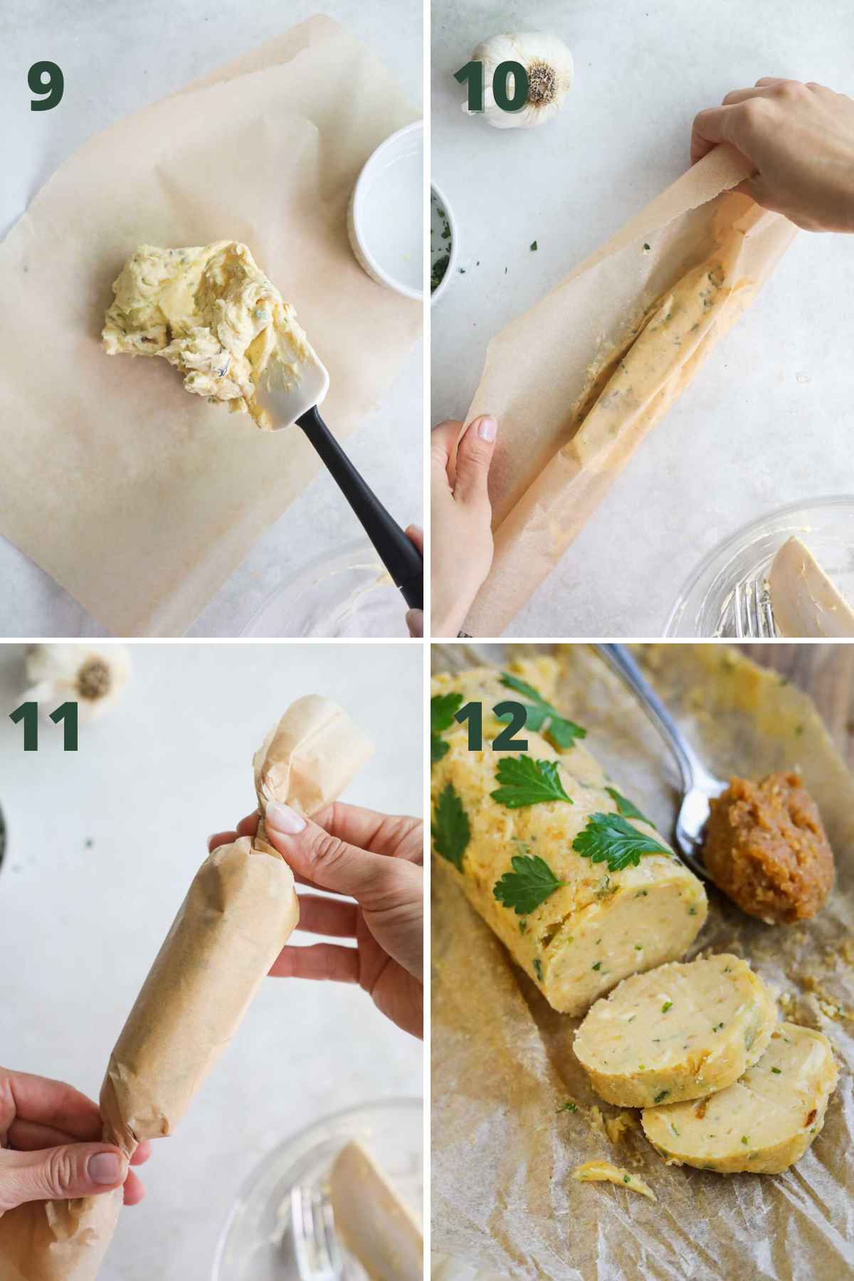 Steps to make miso garlic butter paste, add butter to parchment paper, roll into a log, and serve.
