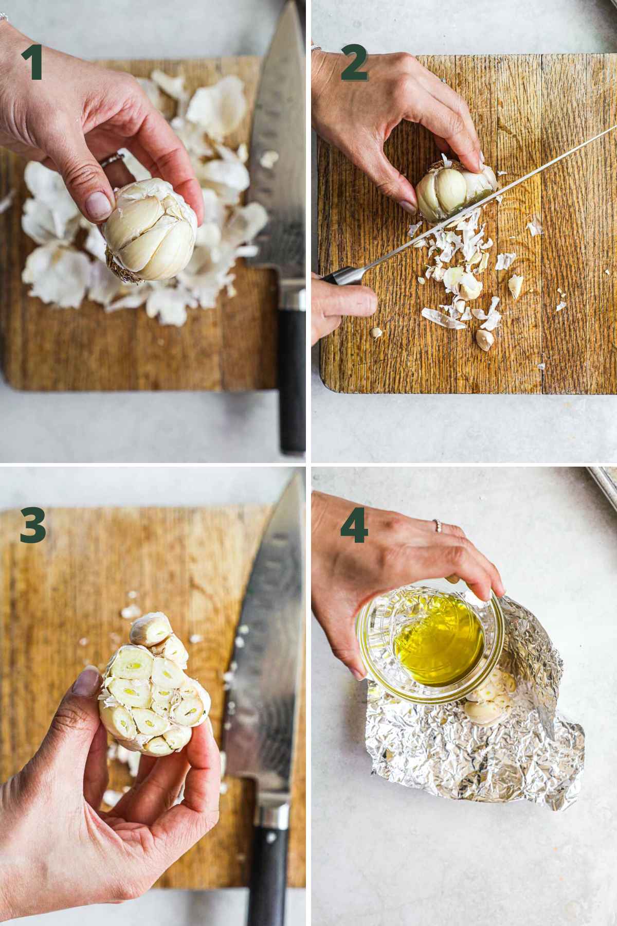 Steps to make miso garlic butter paste, cut garlic, place in foil, and drizzle with olive oil, then roast.