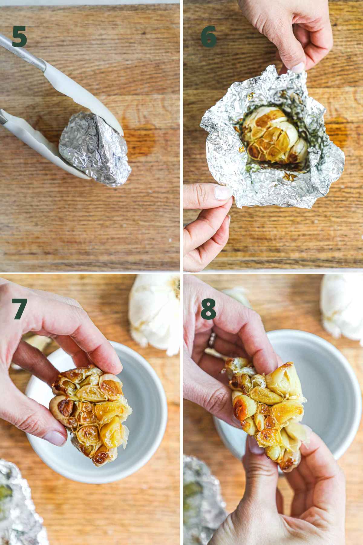 Steps to make oven-roasted garlic (in aluminum foil), including roasting the garlic in aluminum foil, opening the foil, and squeezing out the garlic cloves from the garlic skins.